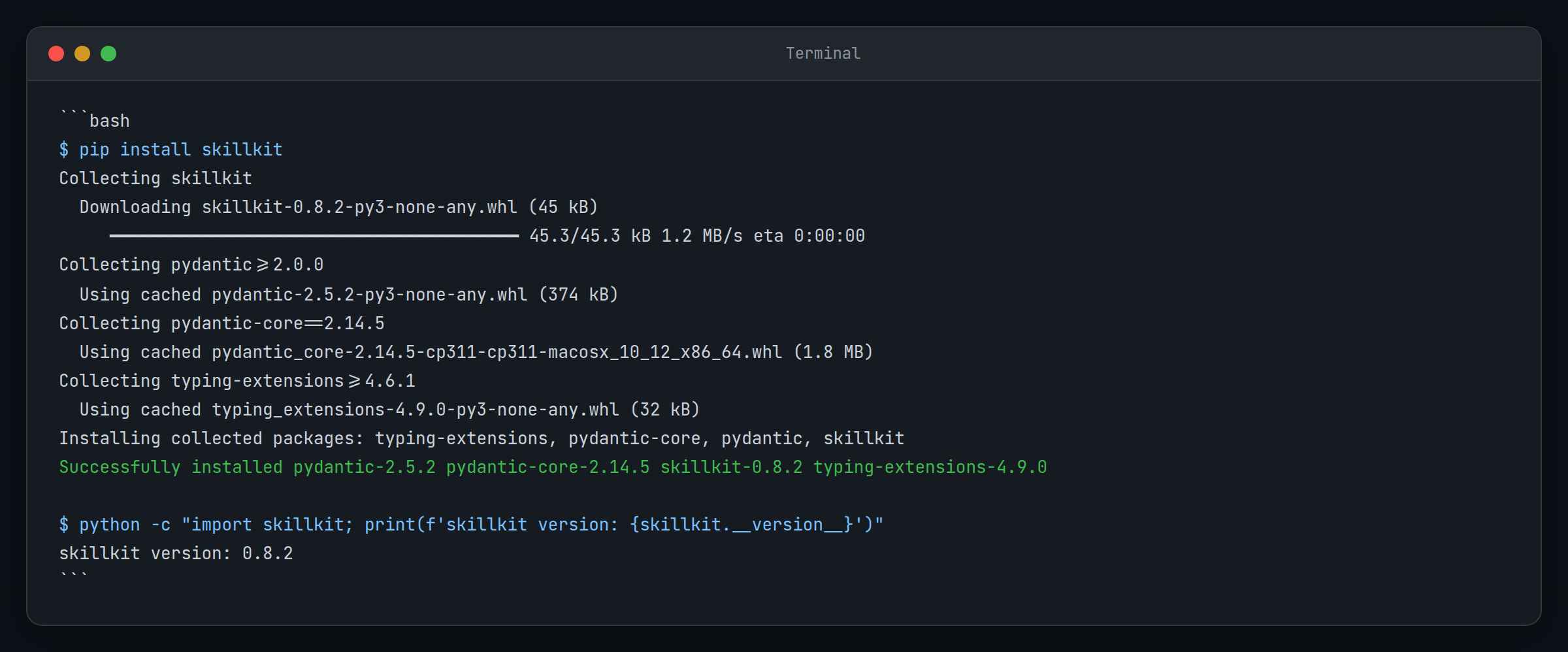 Terminal showing successful pip install skillkit command with version output