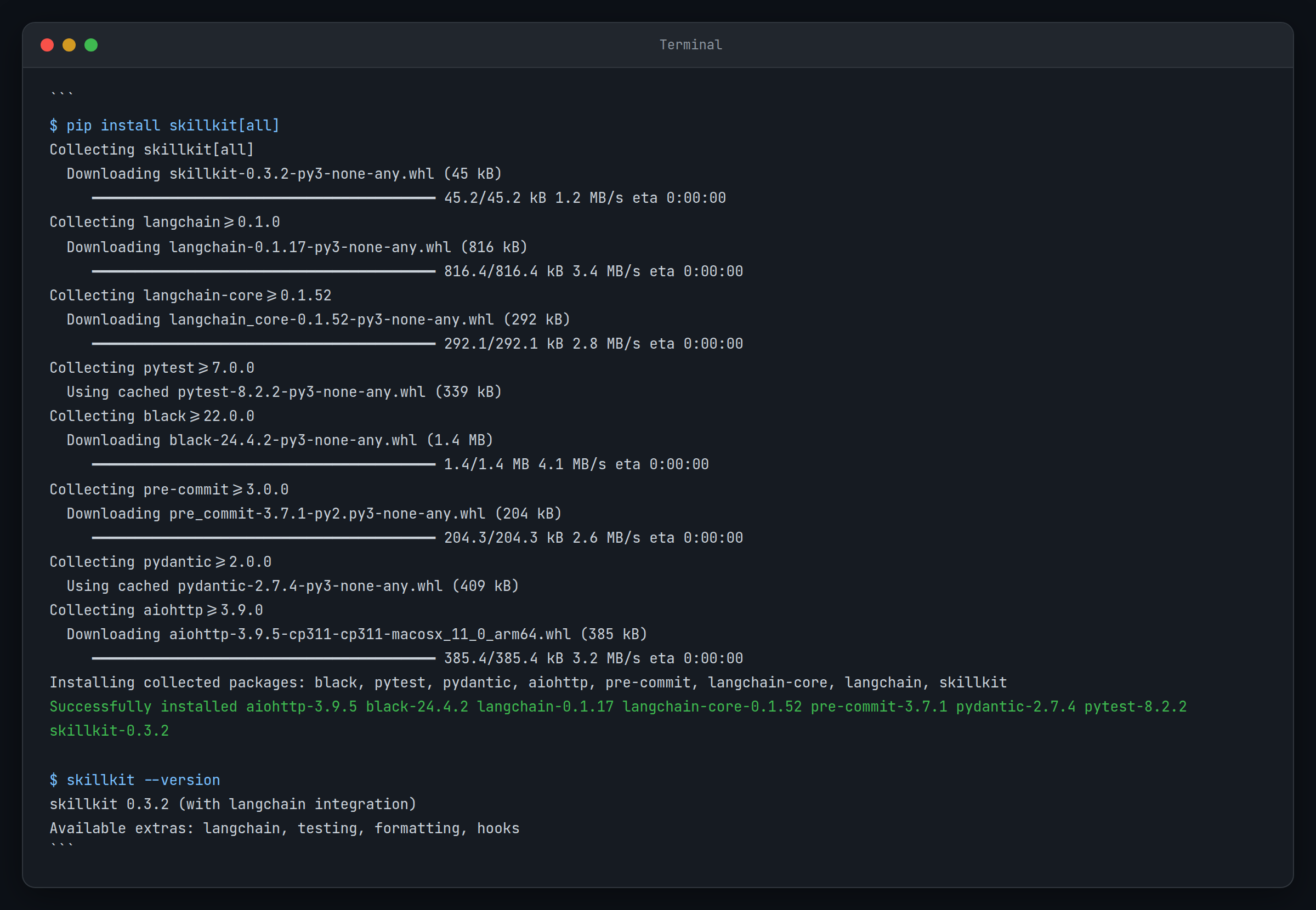 Terminal showing installation of skillkit with all extras