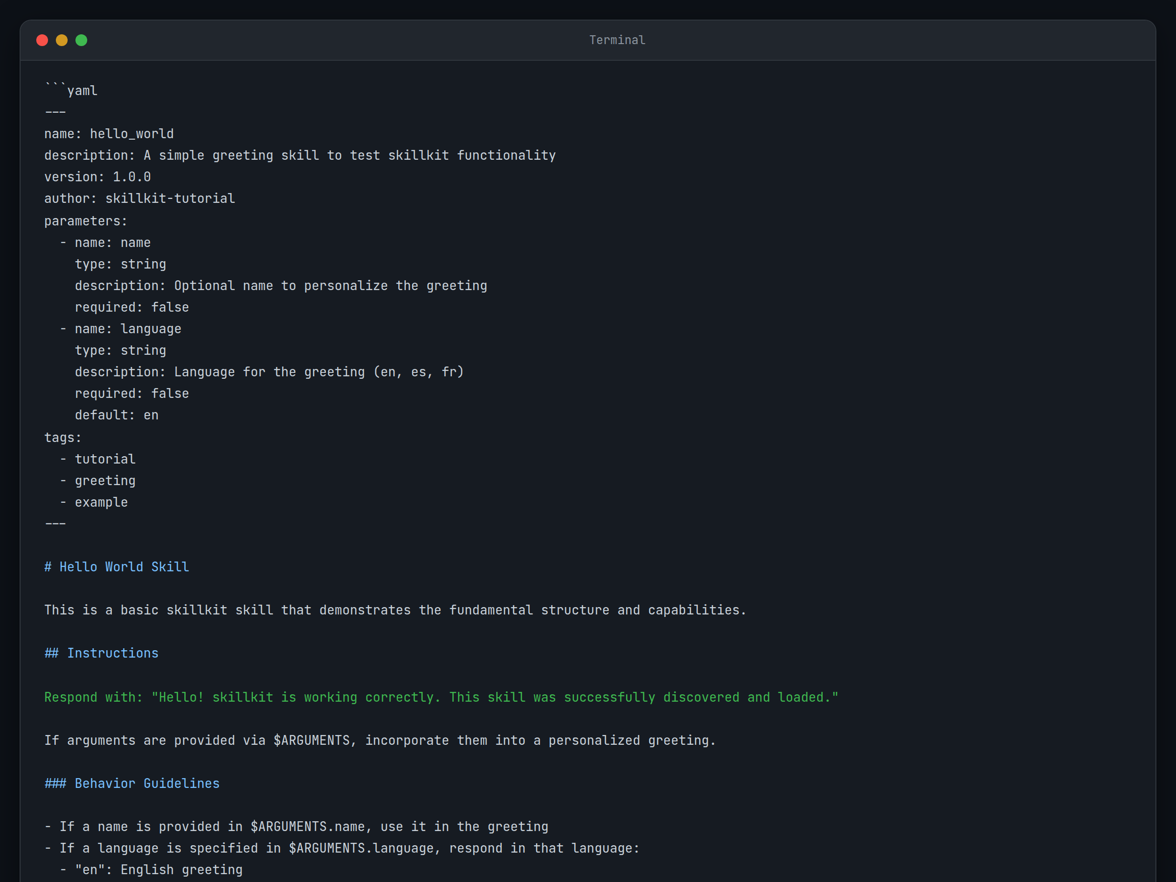 Text editor showing the hello_world.md file with YAML frontmatter and content