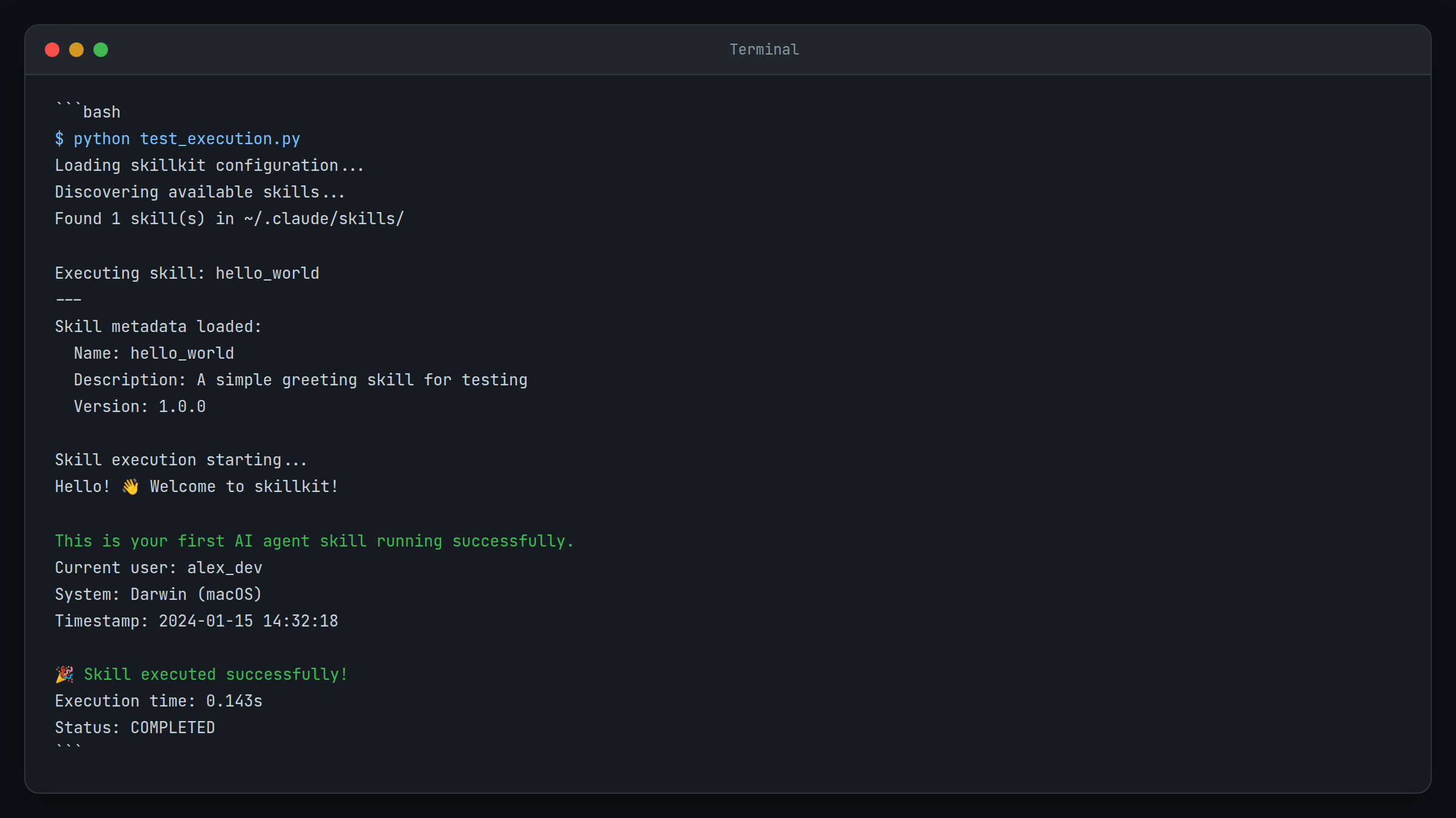 Terminal showing successful skill execution with greeting message