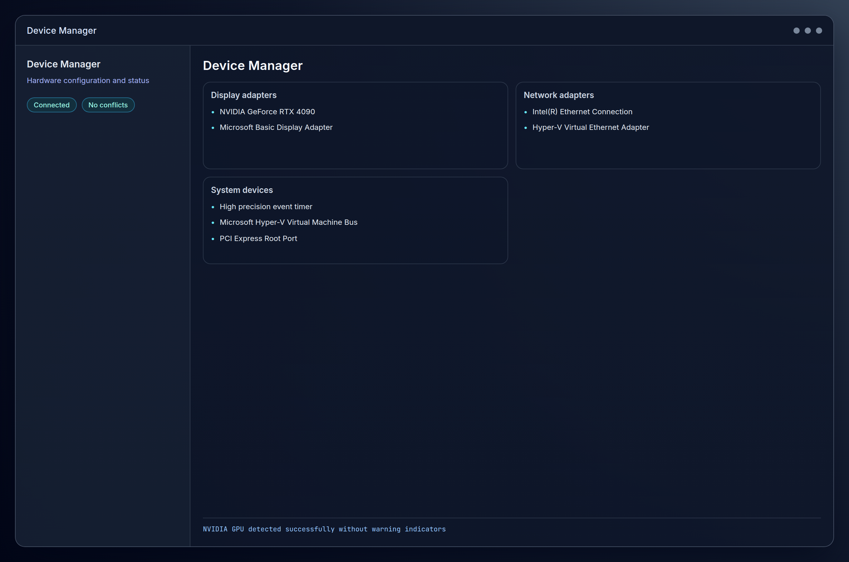 platform=windows; view=os; description=Device Manager showing NVIDIA GPU under Display adapters without warning icons