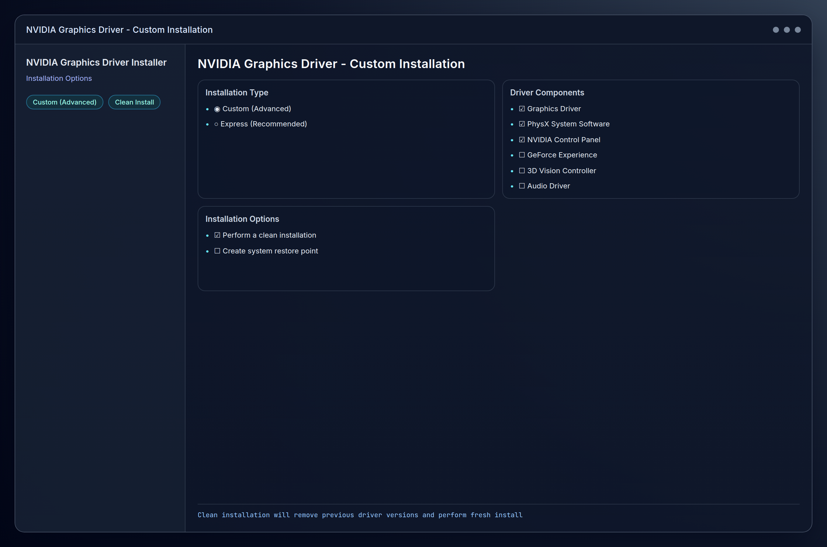 platform=windows; view=app; description=NVIDIA driver installer showing Custom installation options with clean installation checked