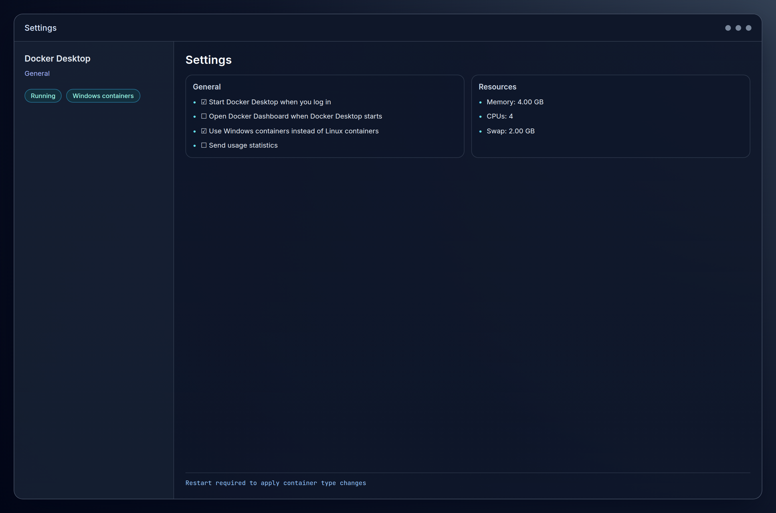 platform=windows; view=app; description=Docker Desktop Settings showing General tab with Windows containers selected