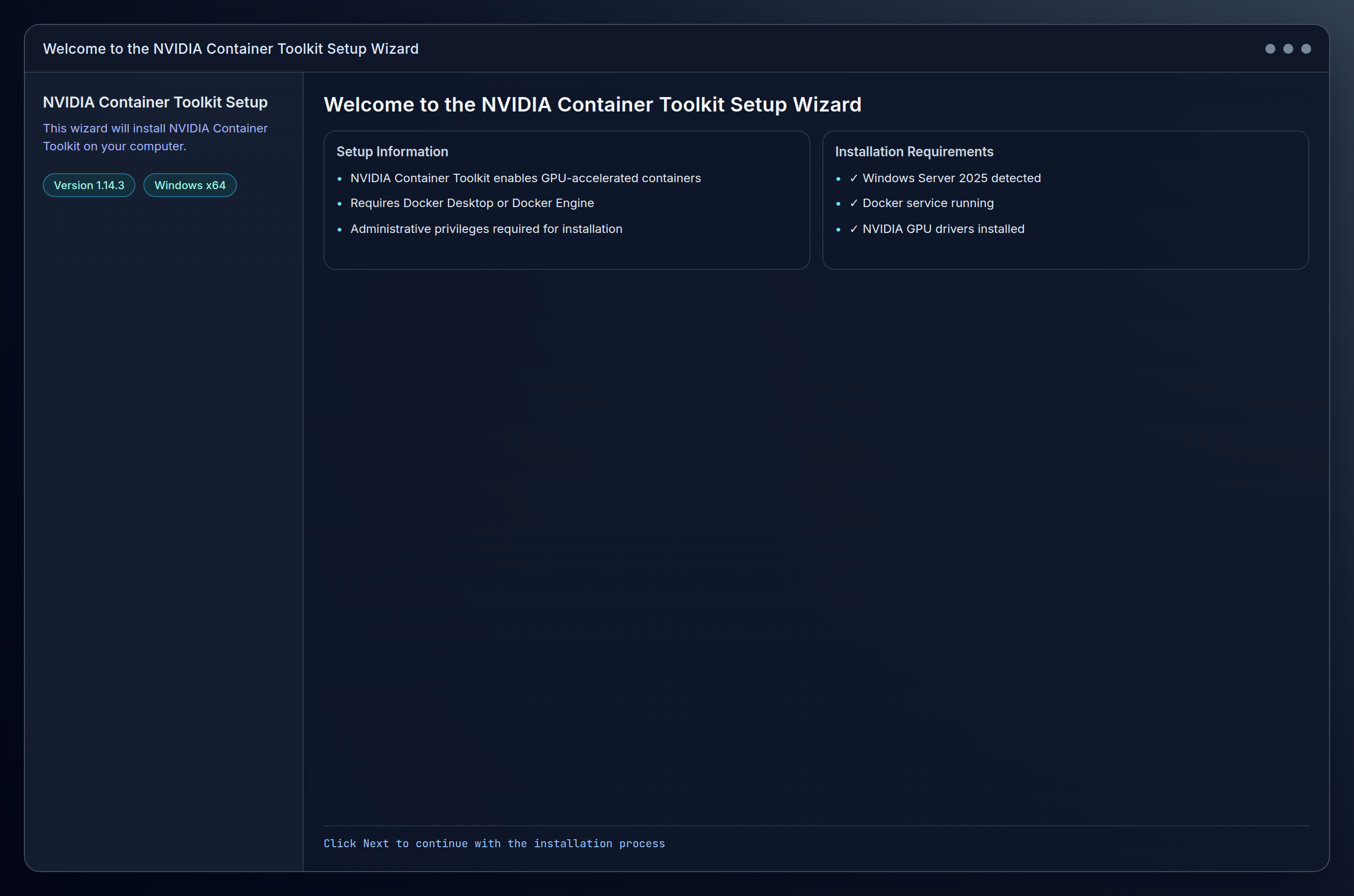 platform=windows; view=app; description=NVIDIA Container Toolkit installer welcome screen