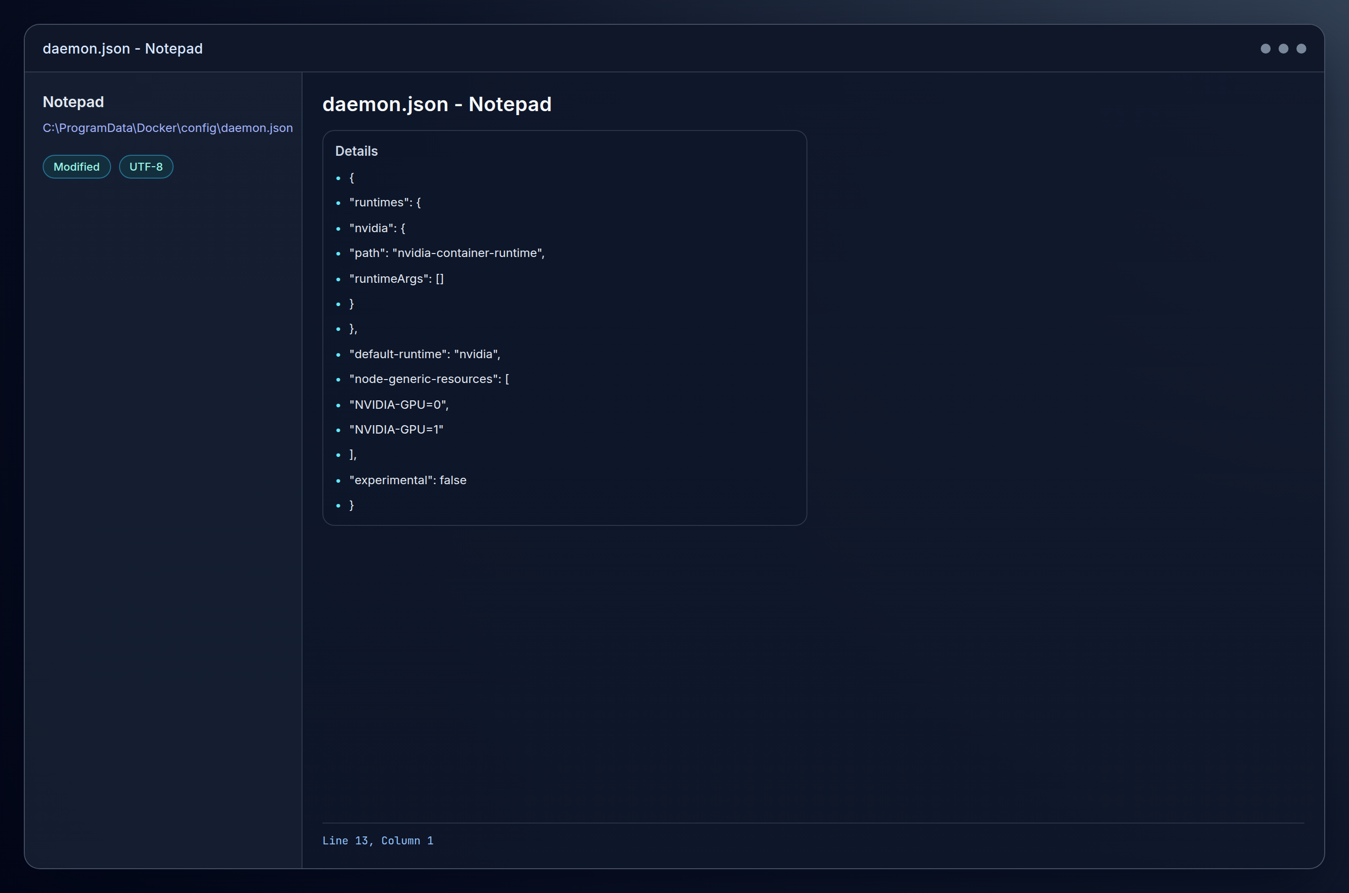 platform=windows; view=app; description=Notepad showing daemon.json configuration file with NVIDIA runtime settings