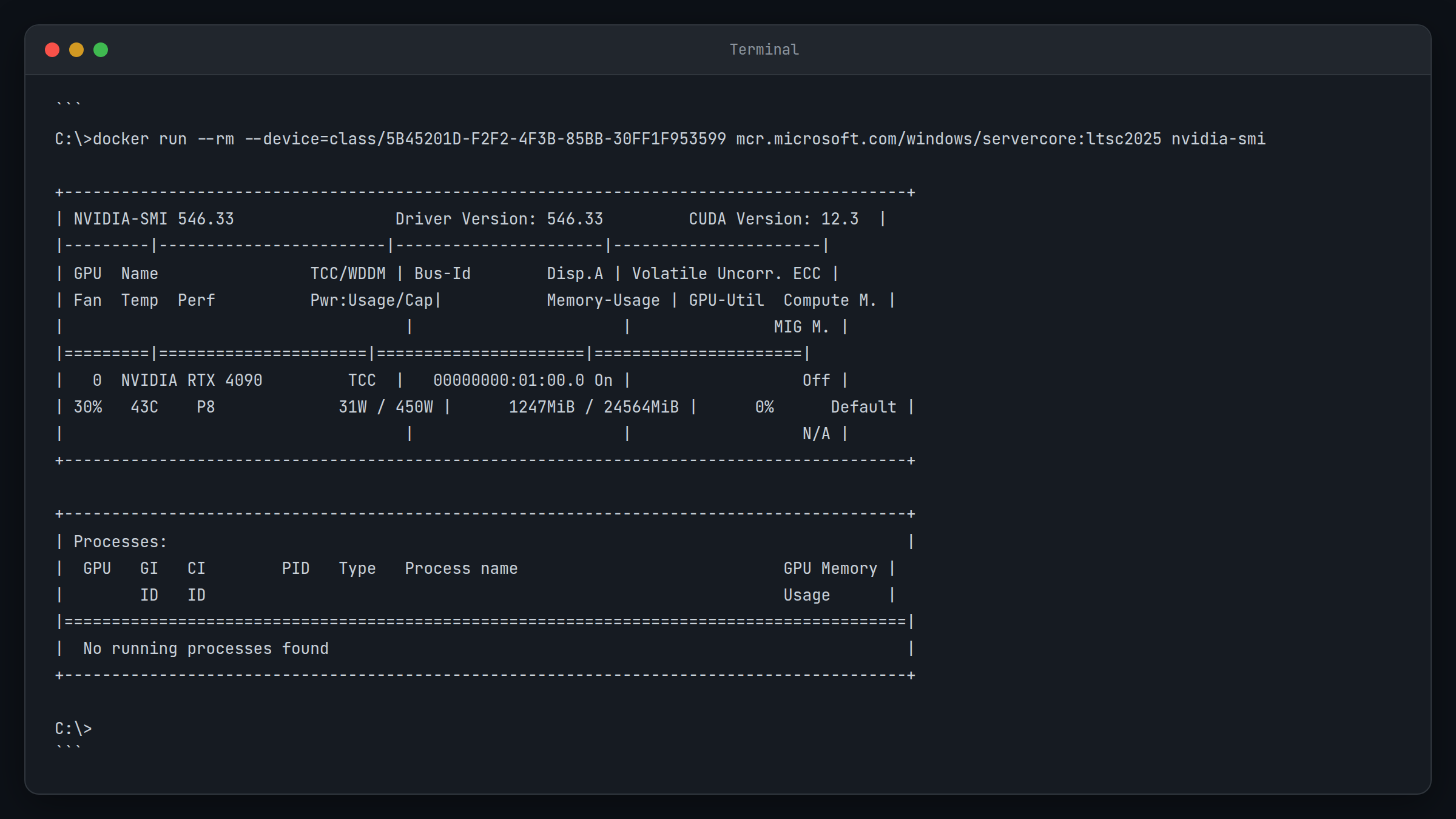 platform=windows; view=terminal; description=Command prompt showing successful nvidia-smi output from within a Windows container