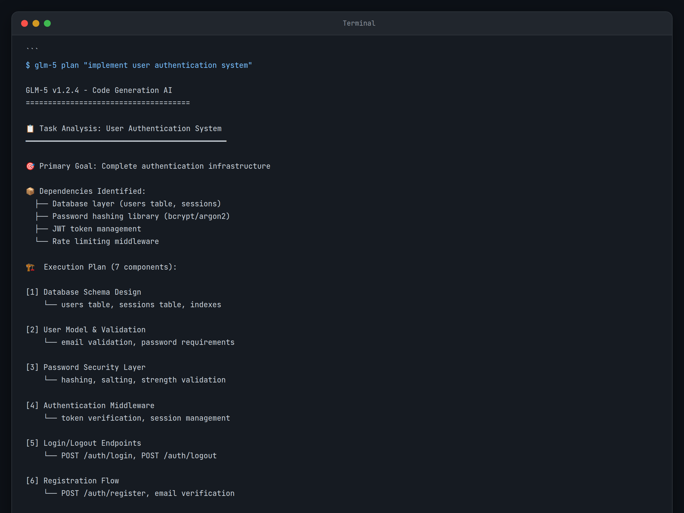 platform=terminal; view=terminal; description=GLM-5 showing task breakdown for authentication system implementation