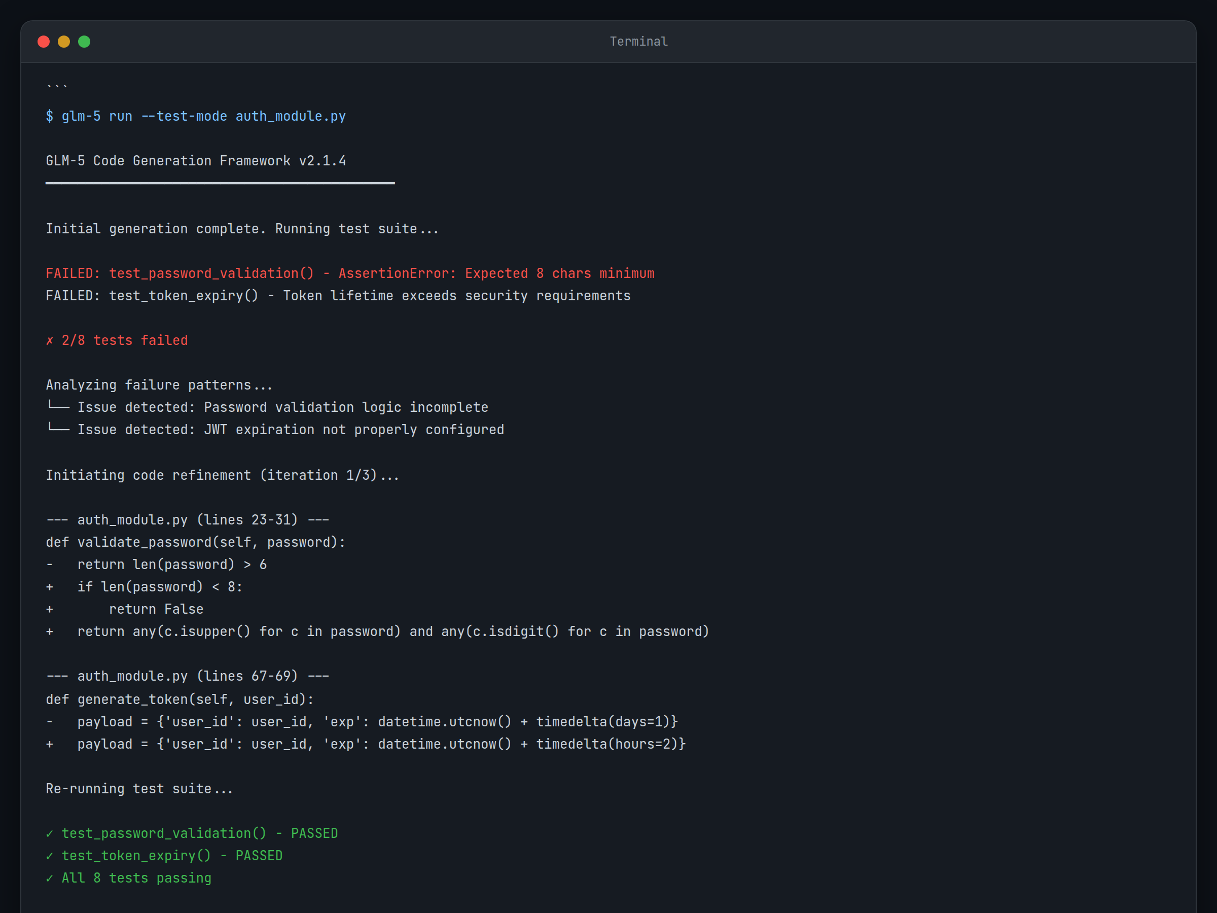 platform=terminal; view=terminal; description=GLM-5 iterating on code after receiving test feedback