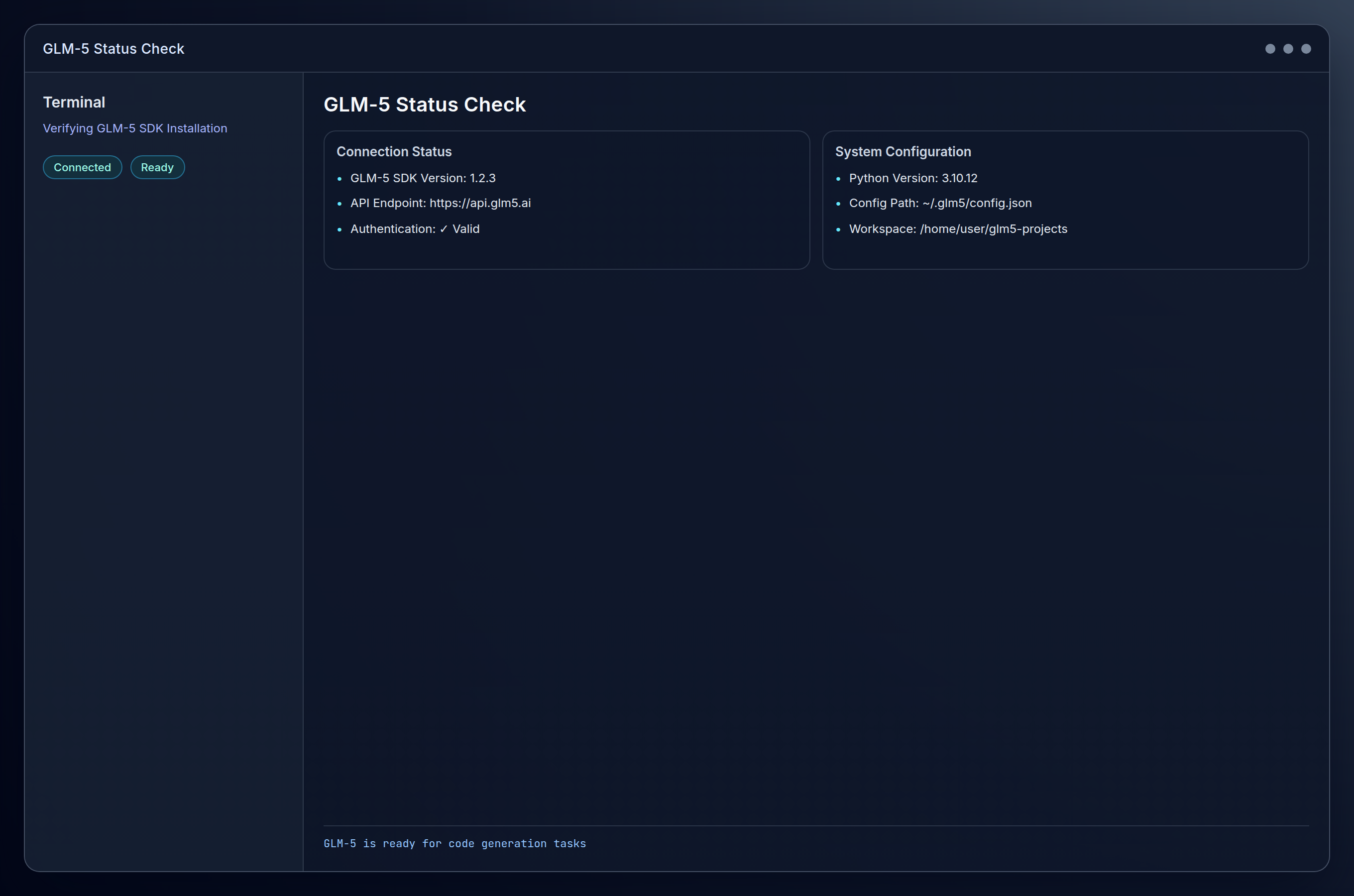 platform=linux; view=os; description=Linux terminal showing GLM-5 status check with successful connection