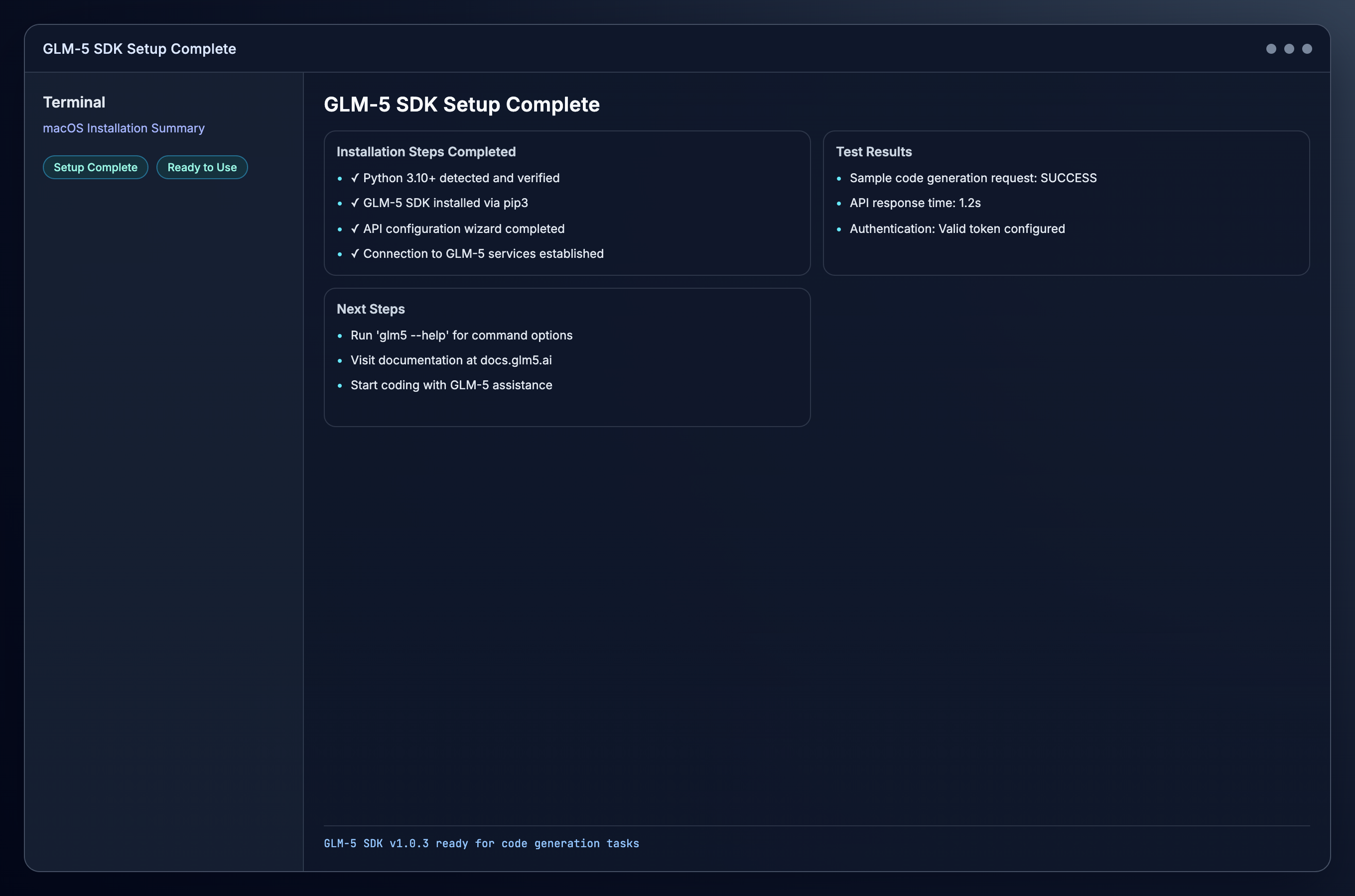 platform=macos; view=os; description=Terminal showing GLM-5 setup completion on macOS