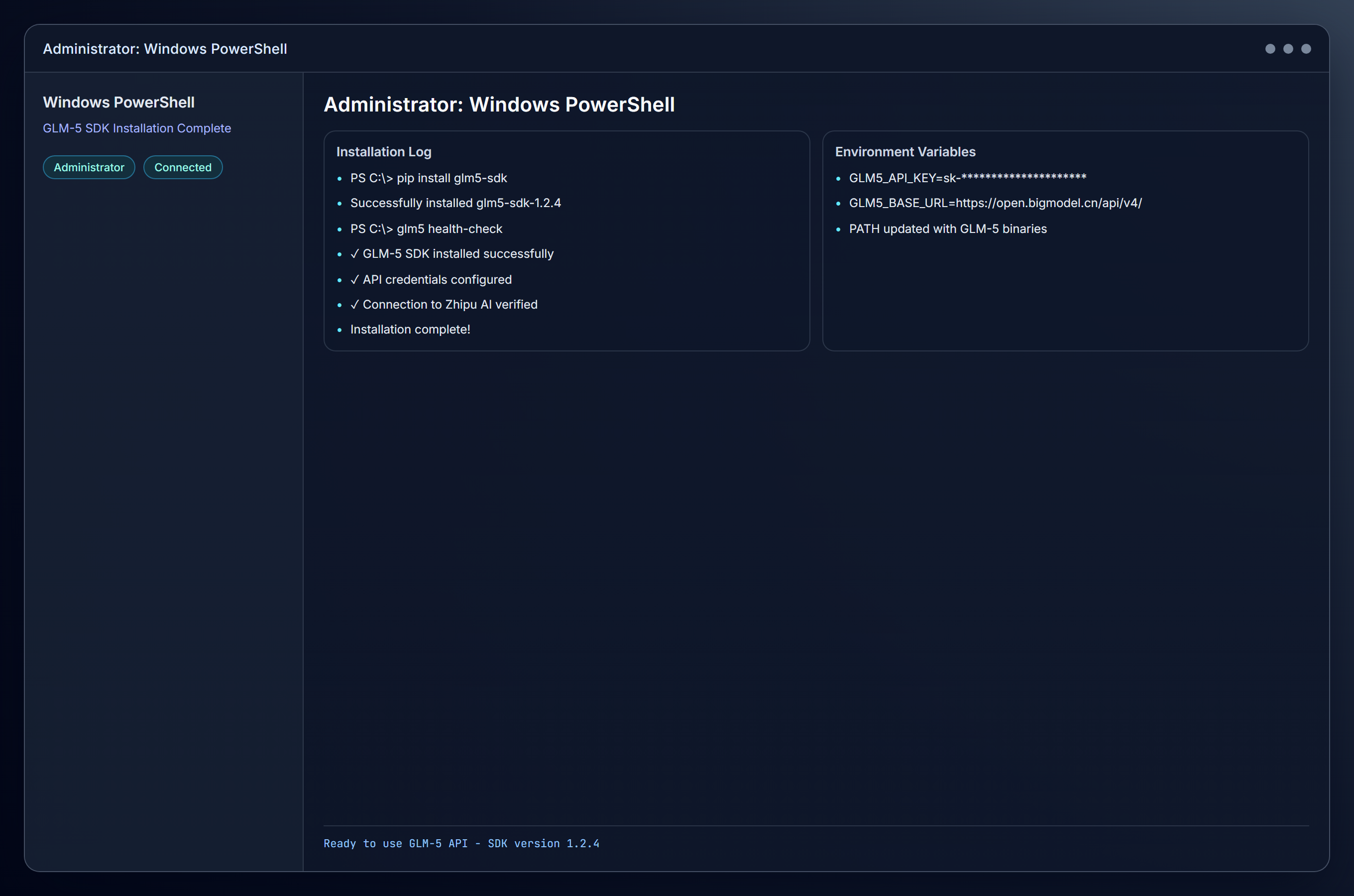 platform=windows; view=os; description=PowerShell showing successful GLM-5 installation on Windows
