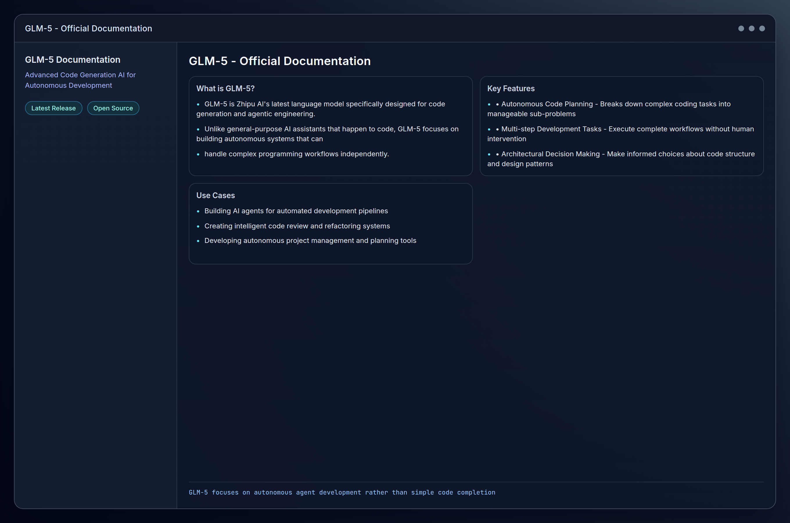 platform=web; view=browser; description=GLM-5 official documentation homepage showing model overview