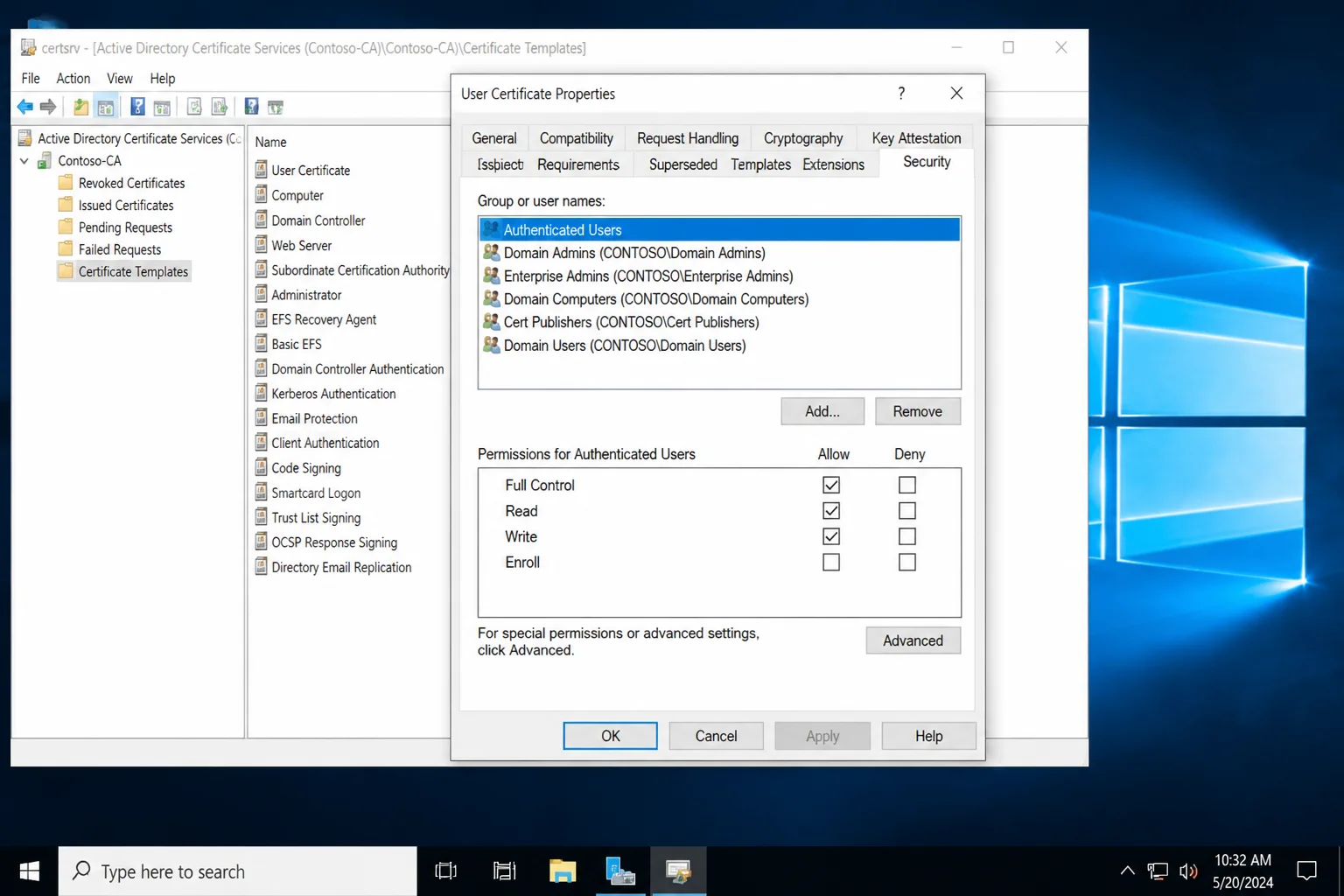 Certificate Templates console with a template's Security tab open, showing the Enroll permission being removed from an overly broad group such as Authenticated Users