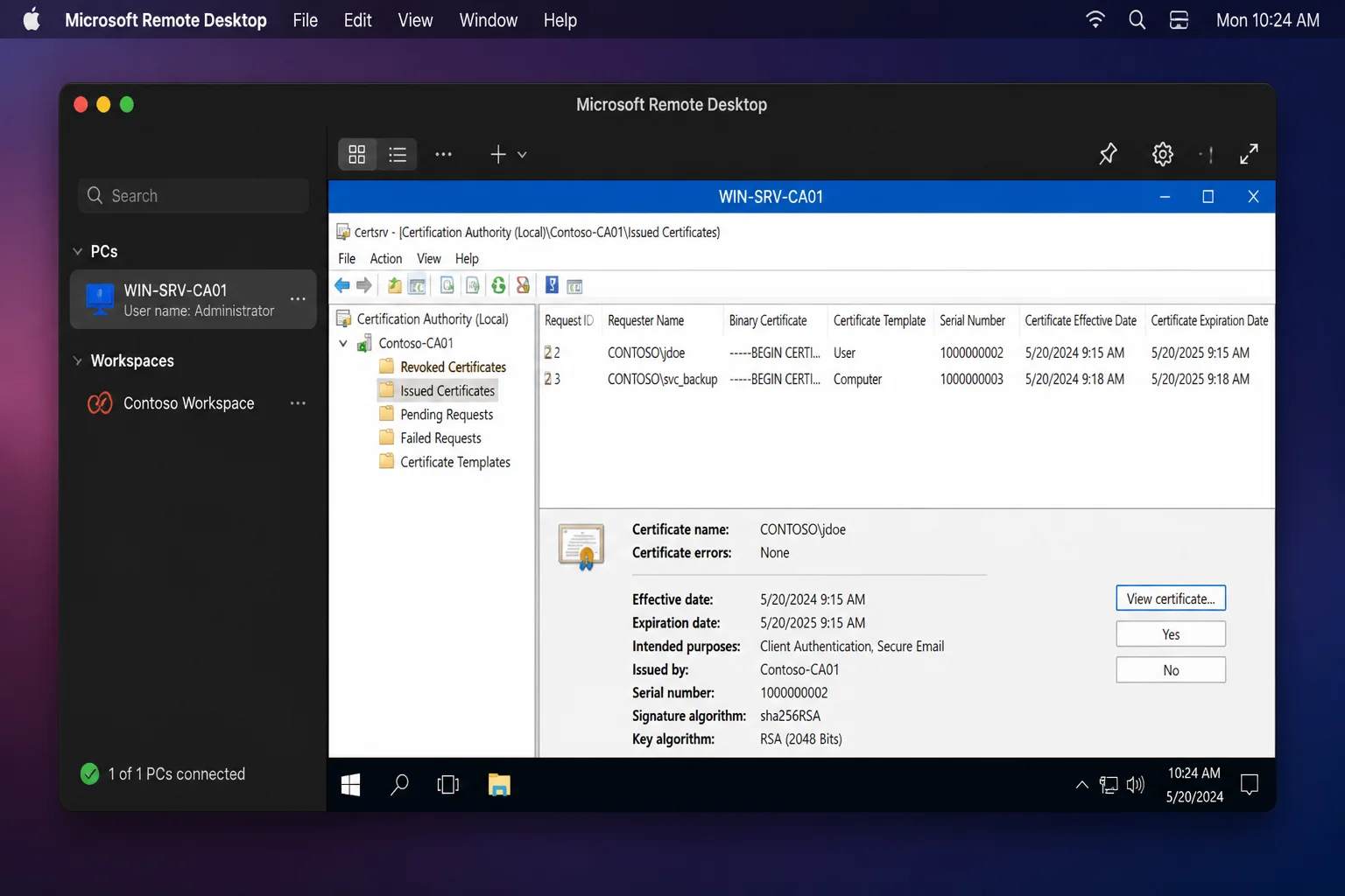 Remote Desktop client on macOS connected to a Windows Server session, with the Certification Authority MMC console (certsrv.msc) visible in the remote session