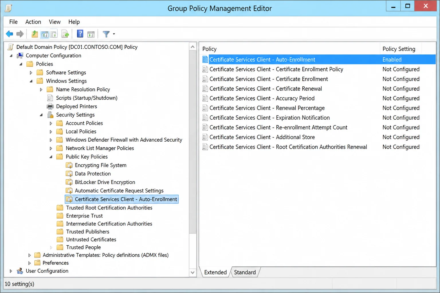 Group Policy Management Editor showing the Certificate Services Client - Auto-Enrollment policy under Computer Configuration > Windows Settings > Security Settings > Public Key Policies, with the policy set to Enabled
