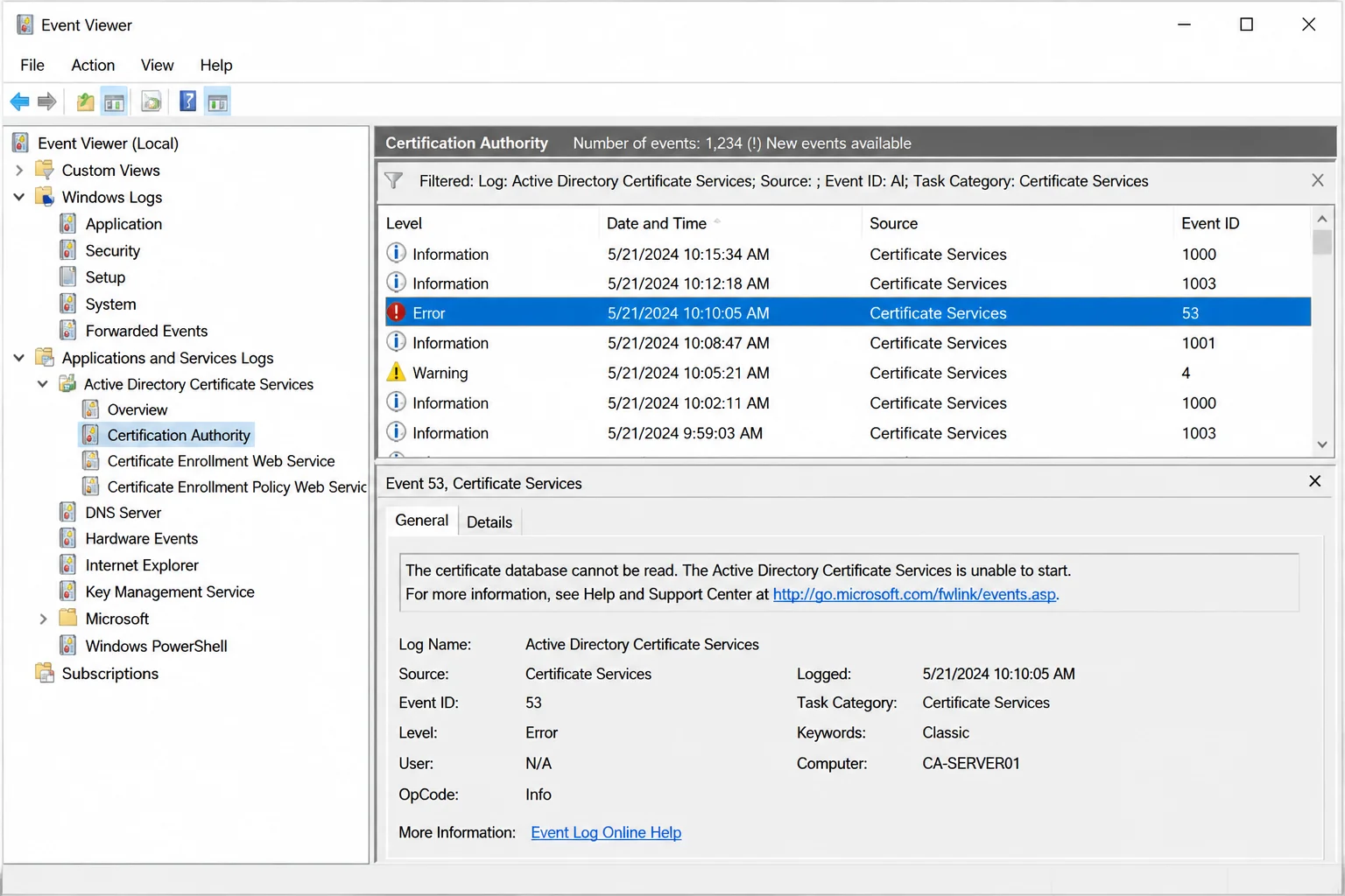 Event Viewer filtered to Certificate Services-related events, showing the log source filter applied and an error-level event entry selected with details visible