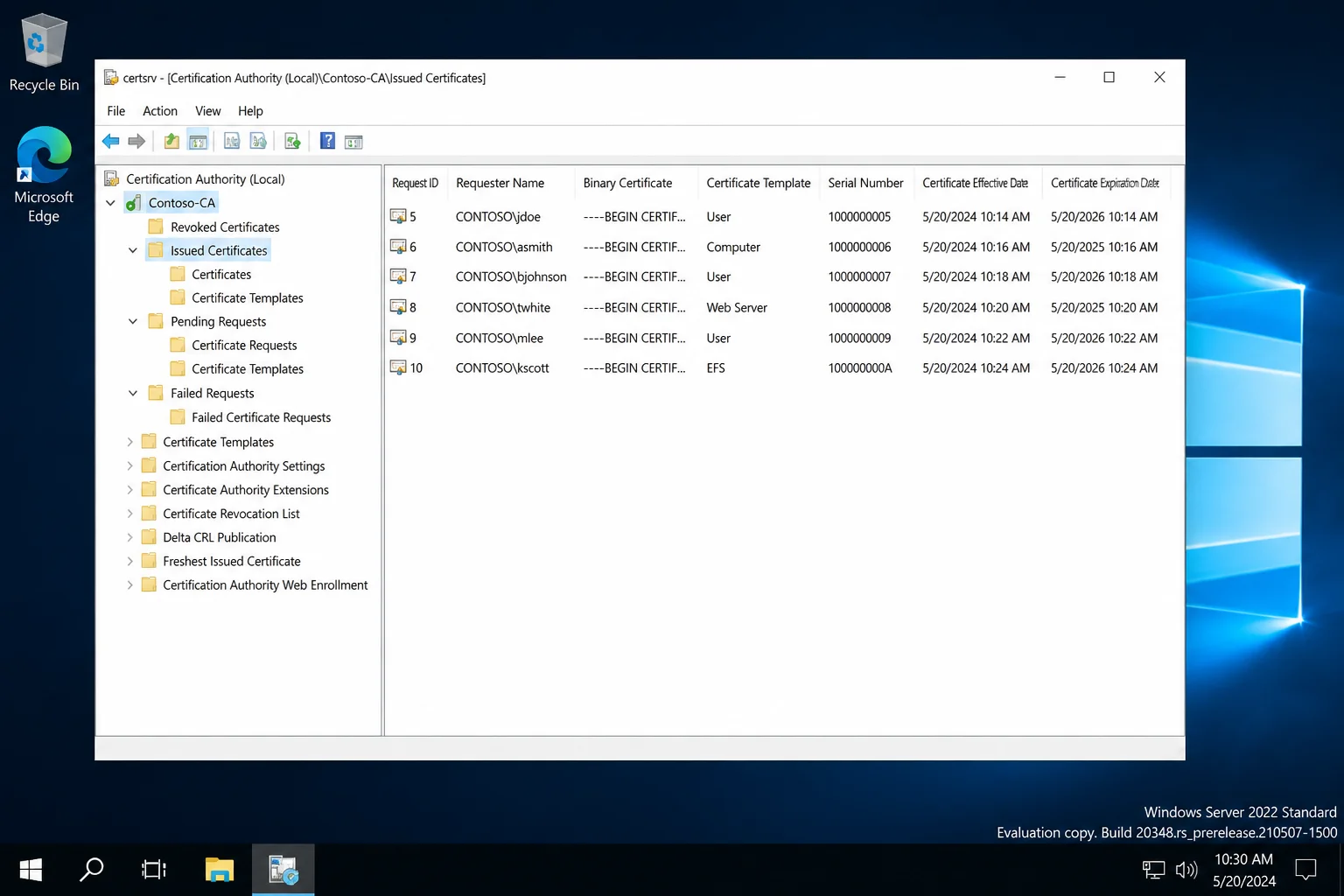 Certification Authority MMC console (certsrv.msc) open on the CA server, showing the CA node status icon and the Issued Certificates, Pending Requests, and Failed Requests folders expanded in the left pane