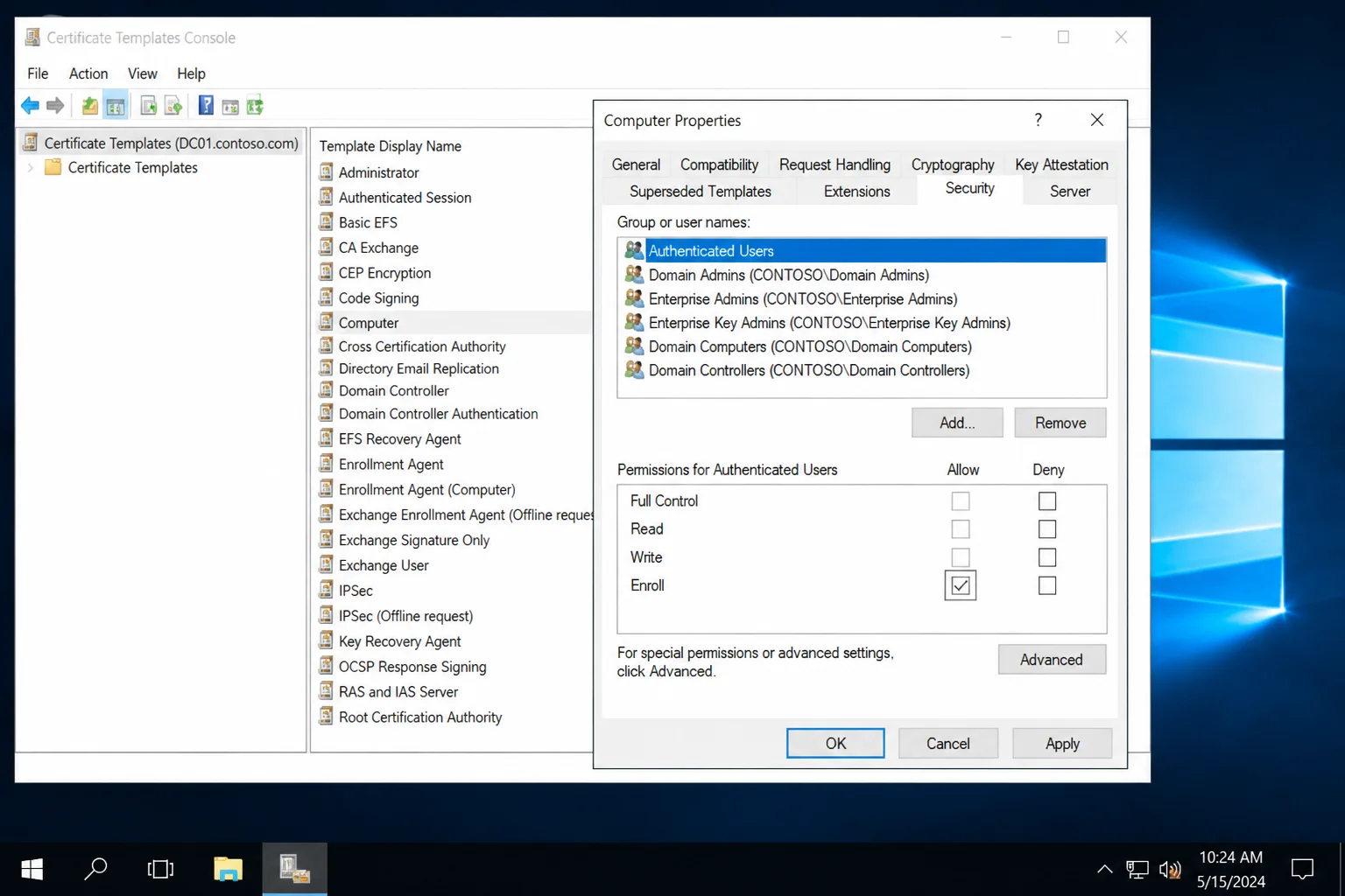 Certificate Templates console (certtmpl.msc) with a template open to Properties > Security tab, showing the list of principals and the Enroll/Autoenroll permission checkboxes