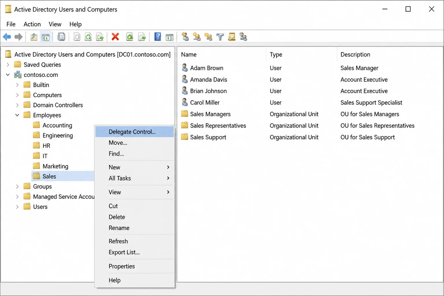 Right-click context menu on an OU in Active Directory Users and Computers with the Delegate Control option highlighted