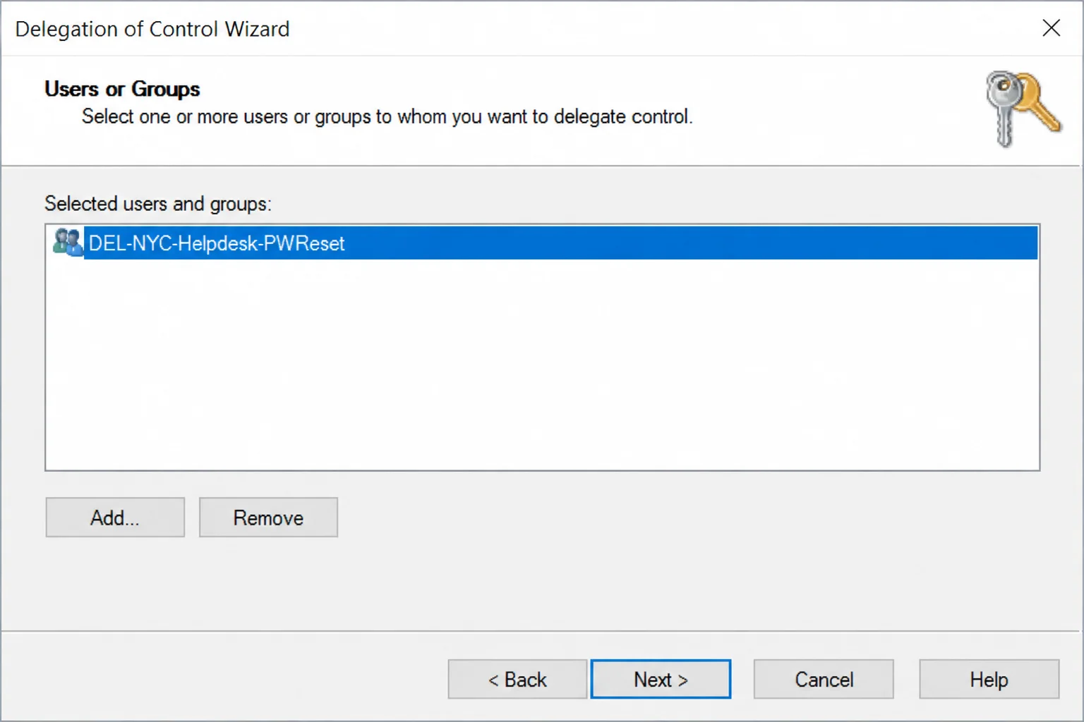 Delegation of Control Wizard Users or Groups screen with DEL-NYC-Helpdesk-PWReset added to the selected groups list