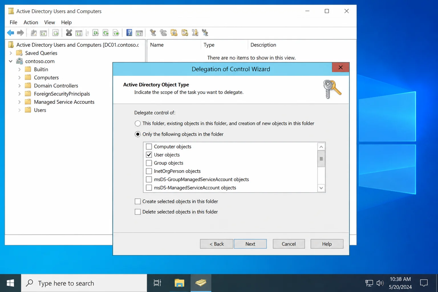 Delegation of Control Wizard custom task screen showing Only the following objects in the folder selected with User objects checked in the object type list