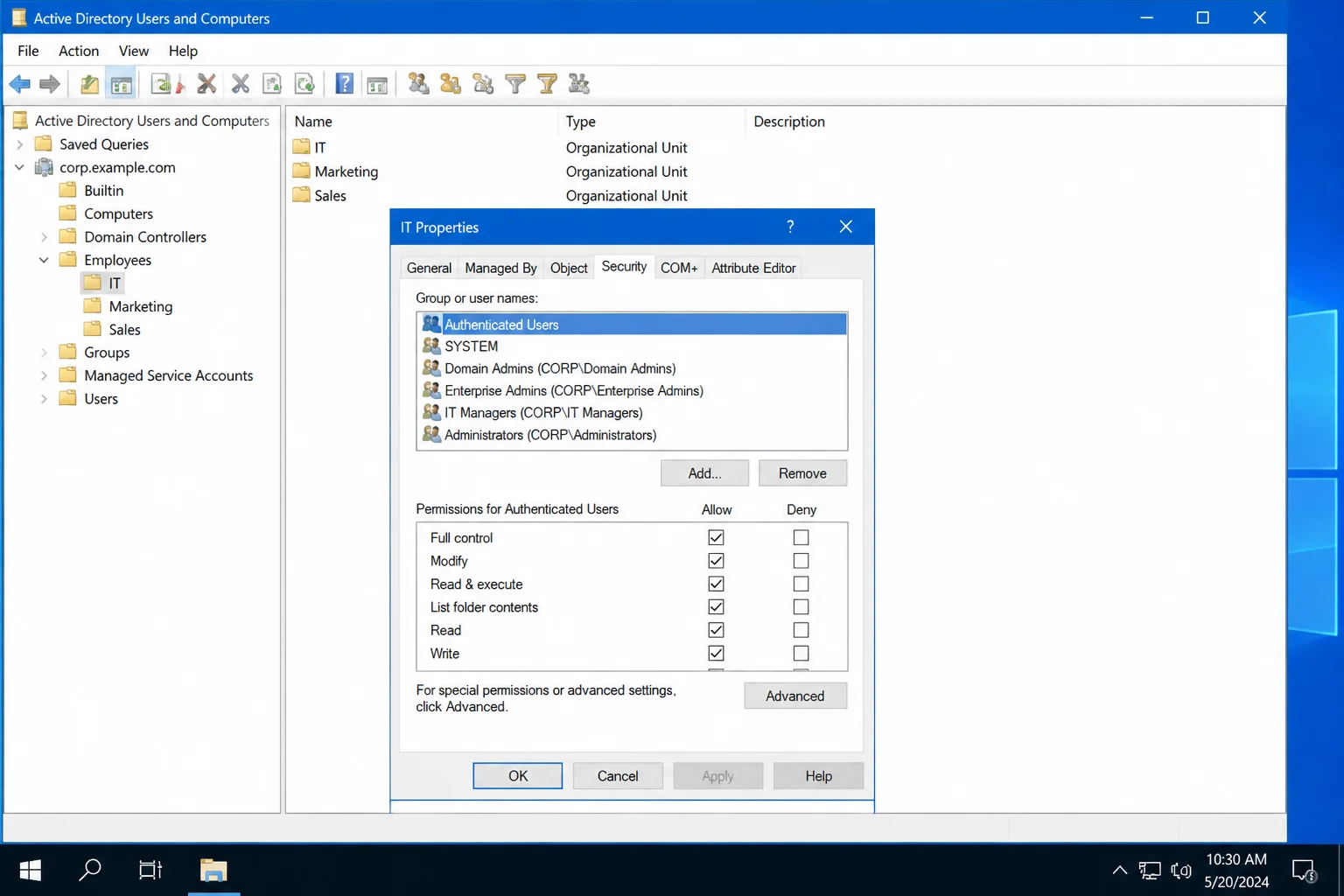 OU Properties dialog Security tab listing permission entries with the Advanced button visible, Advanced Features enabled in ADUC