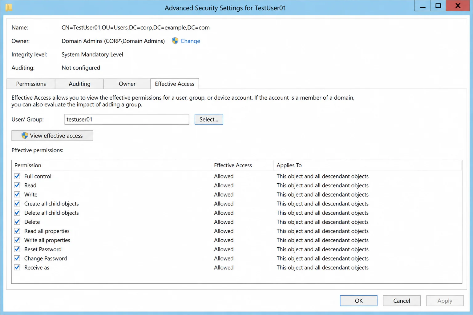Advanced Security Settings dialog Effective Access tab showing testuser01 selected and a calculated list of effective permissions including Reset Password