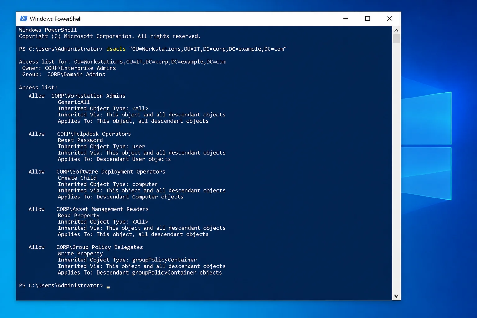 PowerShell window showing dsacls output listing access control entries for an OU, including an explicit Allow entry for the delegated role group