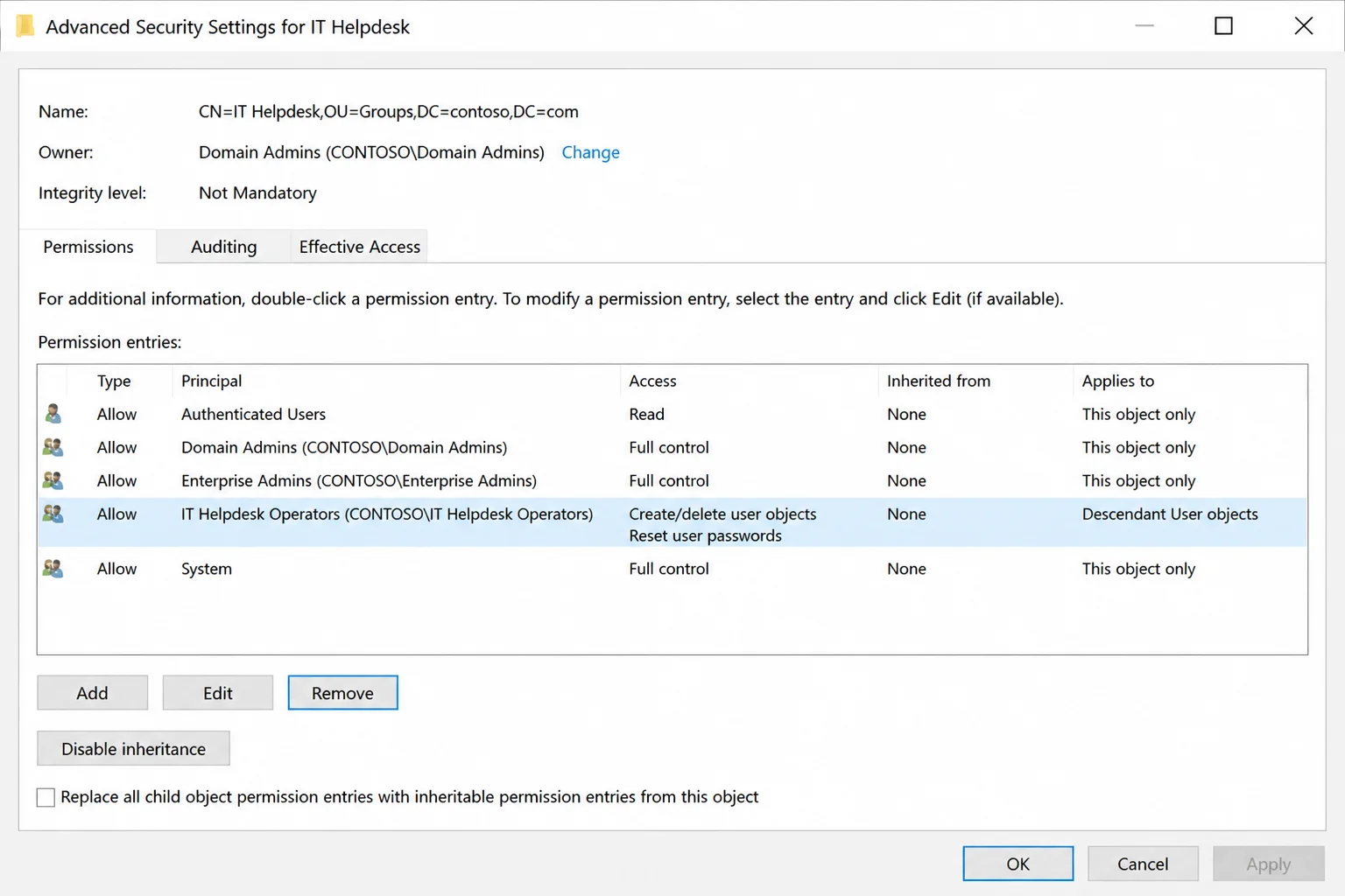Advanced Security Settings dialog with a permission entry for a delegated group selected and the Remove button visible