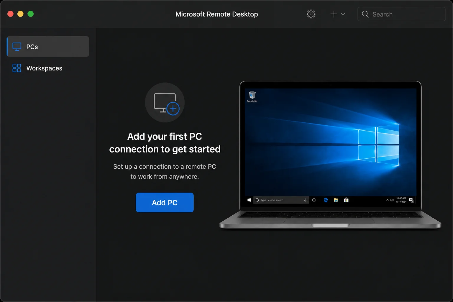 Microsoft Remote Desktop app on macOS showing a saved PC connection to a Windows Server domain controller, with the connection list visible