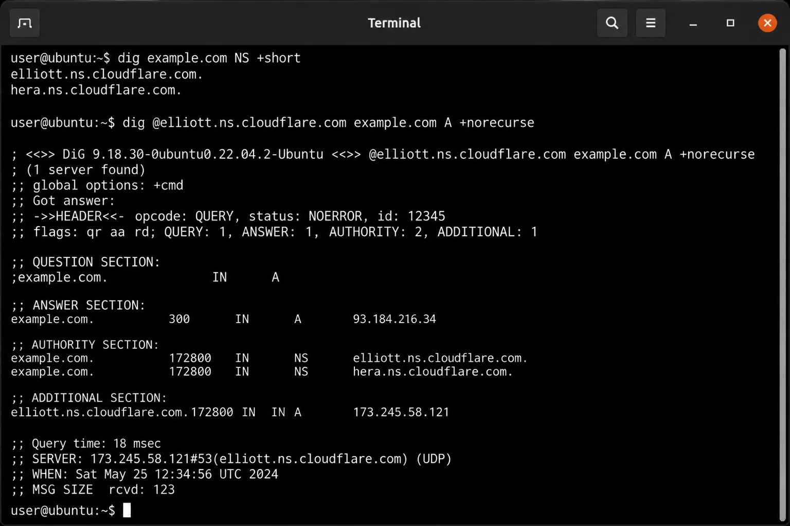 NS discovery followed by direct A and SOA queries to each authoritative nameserver, with authoritative server names, aa flags, record values, TTLs, and SOA serials visible