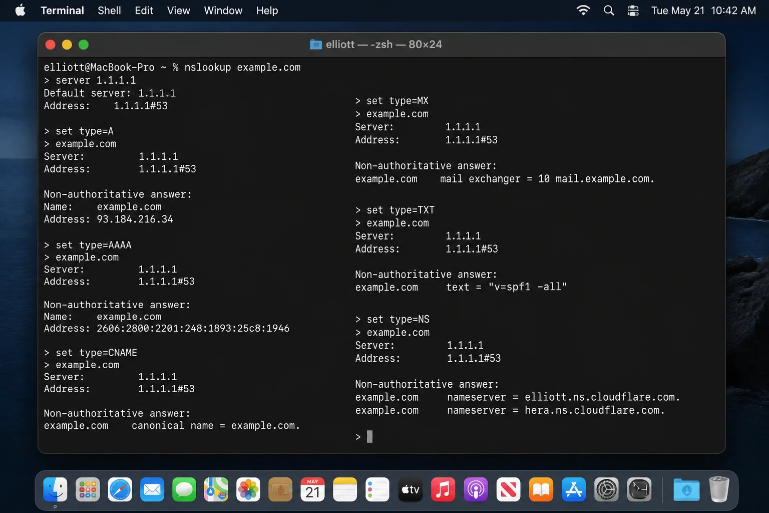 Focused A, AAAA, CNAME, MX, TXT, and NS queries with each record type labeled