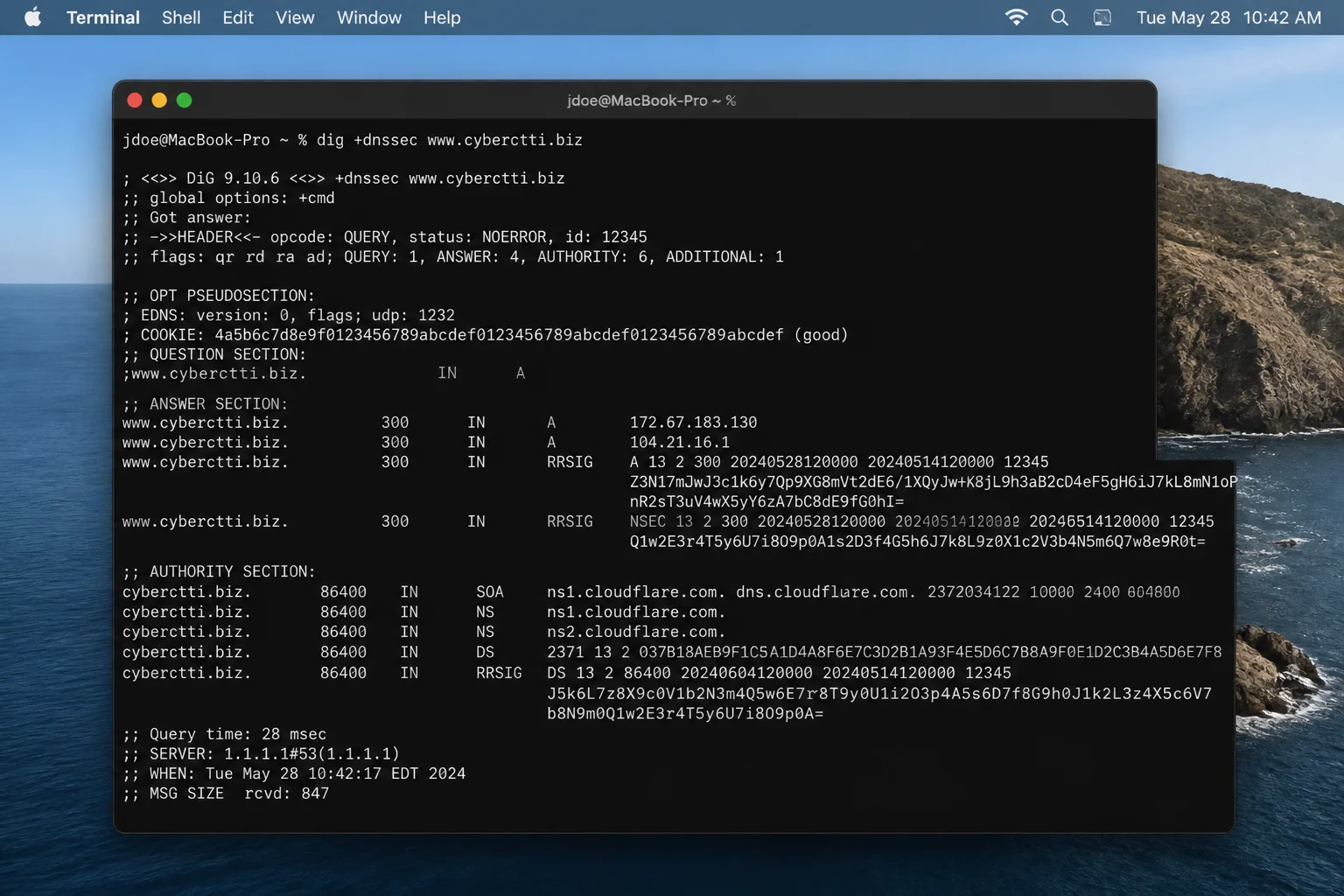 DNSSEC comparison showing a normal validating query, the same query with +cdflag, and DS/DNSKEY results