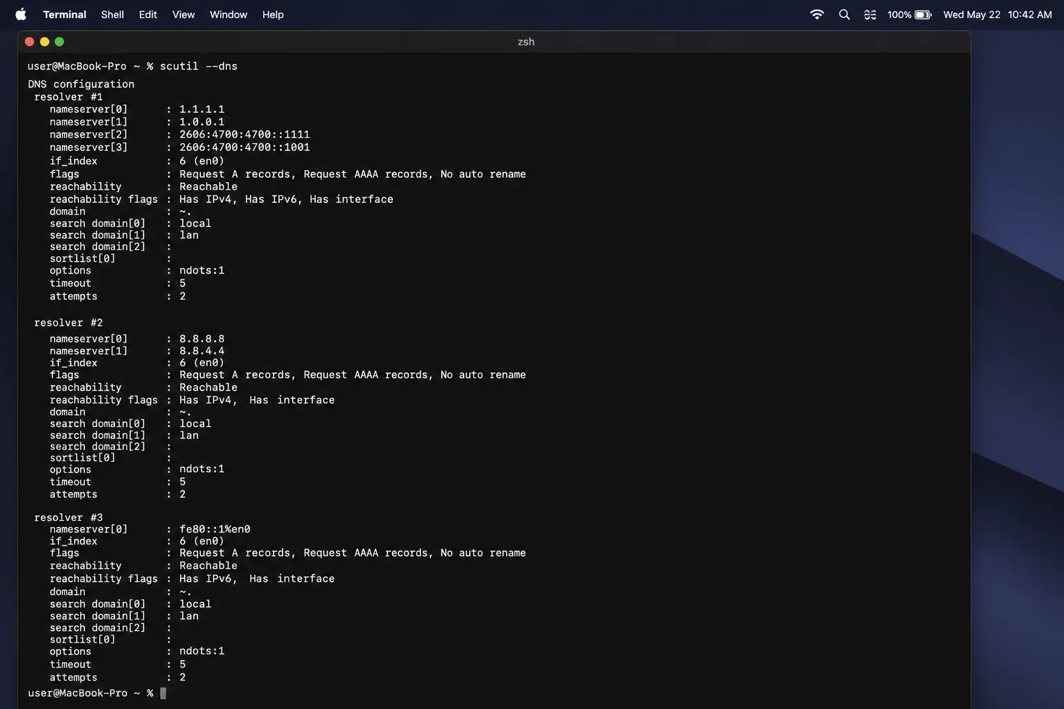 macOS Terminal showing scutil --dns with active nameserver, domain scope, interface index, and reachability fields visible
