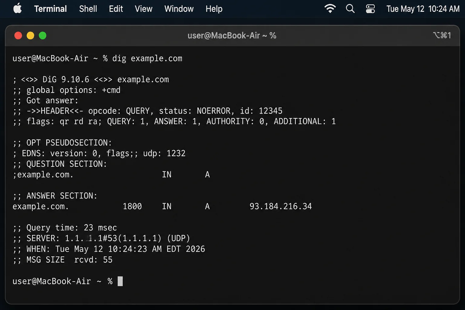 Complete dig response for a stable example domain with the status, flags, QUESTION section, ANSWER section, TTL, query time, and responding server visible