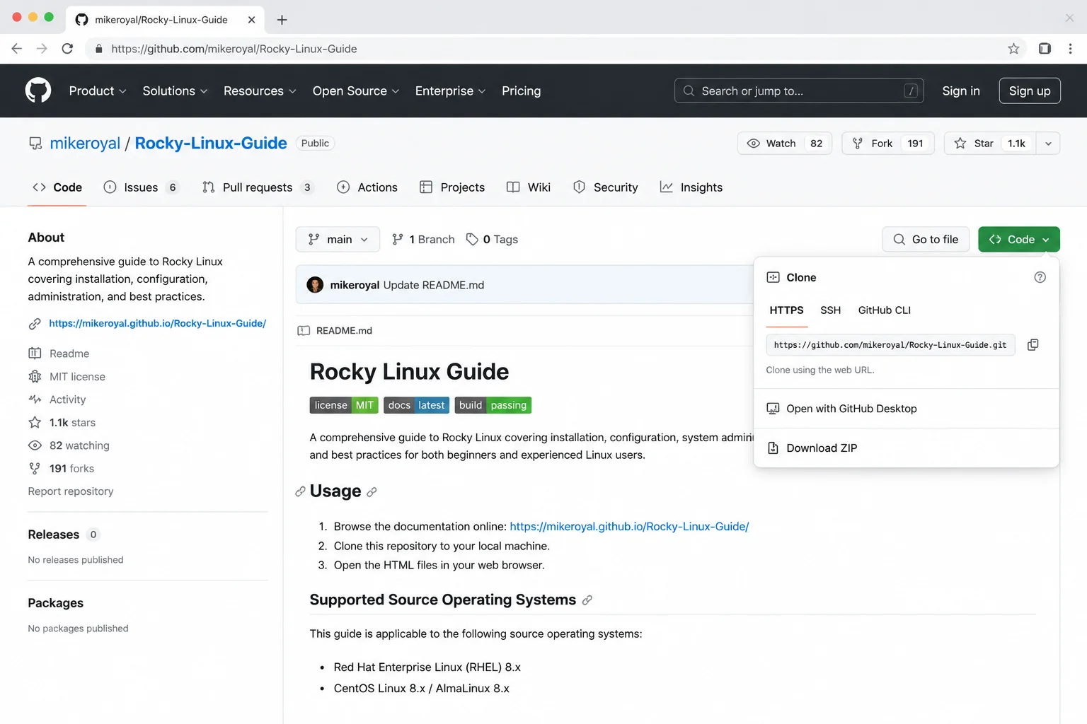 Rocky Linux GitHub repository README for migrate2rocky showing official usage instructions and supported source operating systems