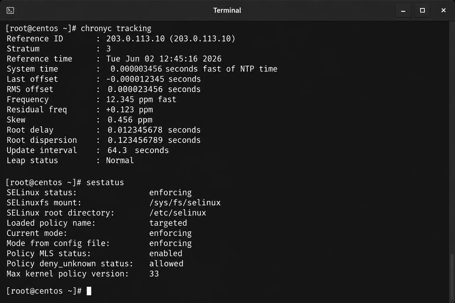 Terminal output of chronyc tracking and sestatus commands confirming time sync and SELinux enforcing mode after a completed migration