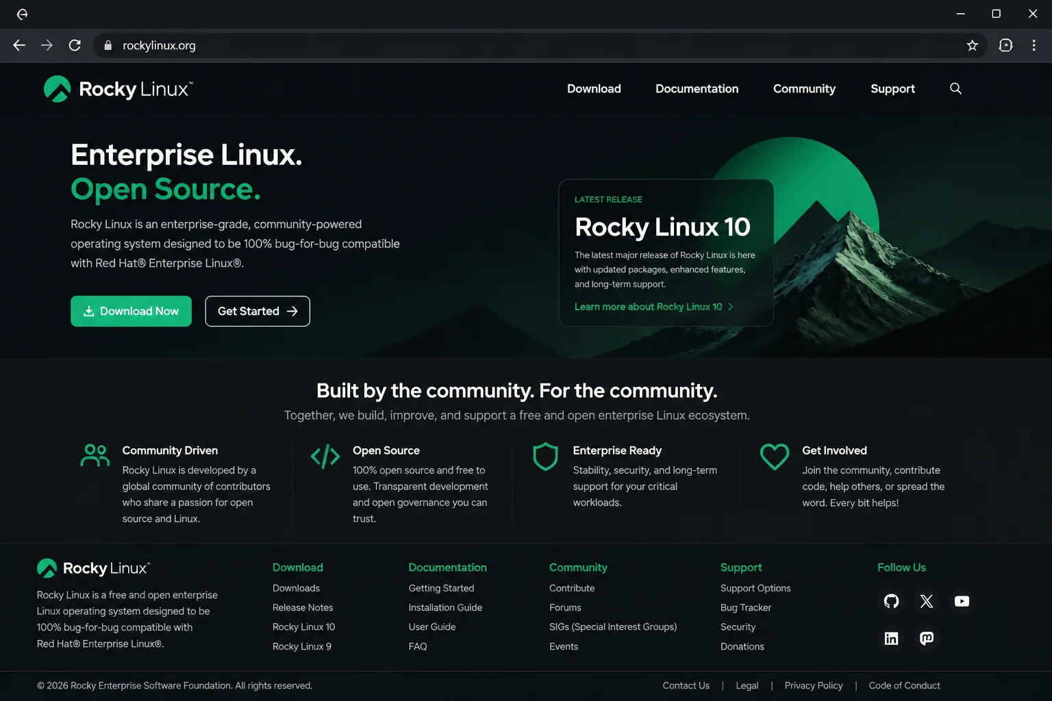 Rocky Linux official homepage showing project branding, download links, and RESF community messaging