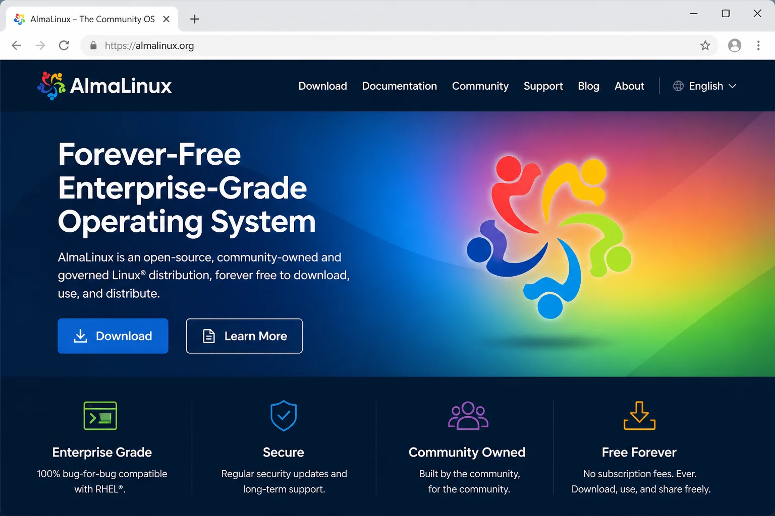 AlmaLinux official homepage showing positioning as a free RHEL-compatible enterprise Linux distribution