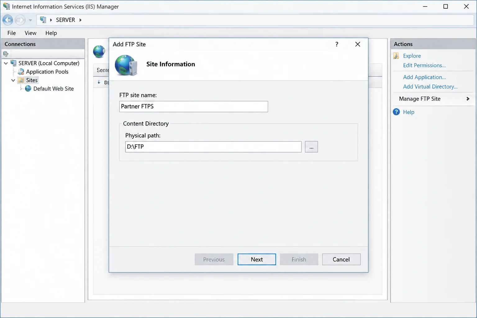 IIS Add FTP Site wizard with Partner FTPS as the site name and D:\FTP as its directory.