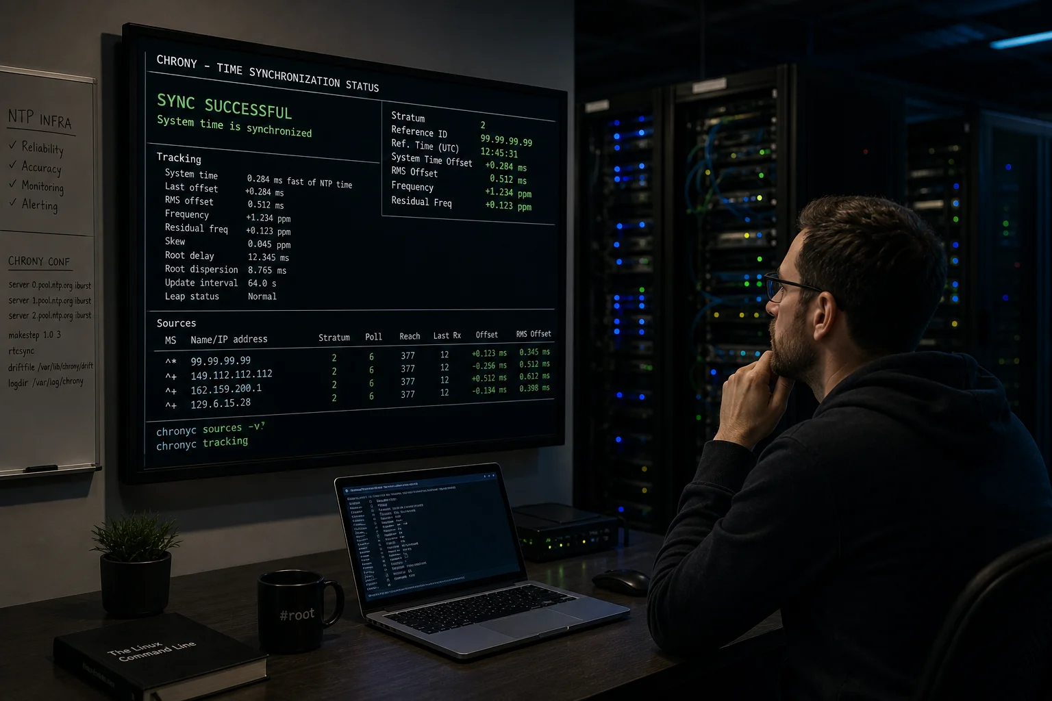 Man in a hoodie studies a large monitor showing 'SYNC SUCCESSFUL' and system metrics in a server room.