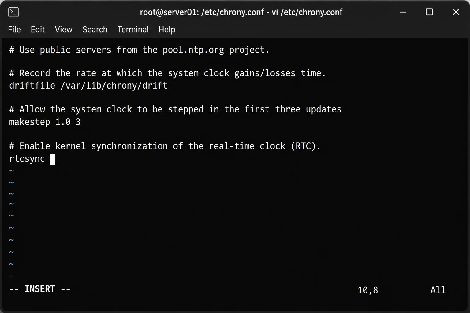 Terminal showing /etc/chrony.conf open in vi with the default pool, driftfile, makestep, and rtcsync directives visible