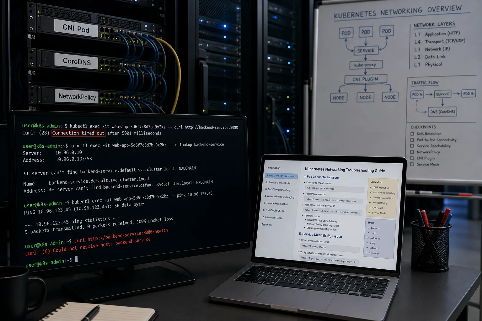 Desk setup in a data center: server rack with blue cables, monitor displaying terminal commands, laptop with Kubernetes networking guide, and a whiteboard diagram behind.