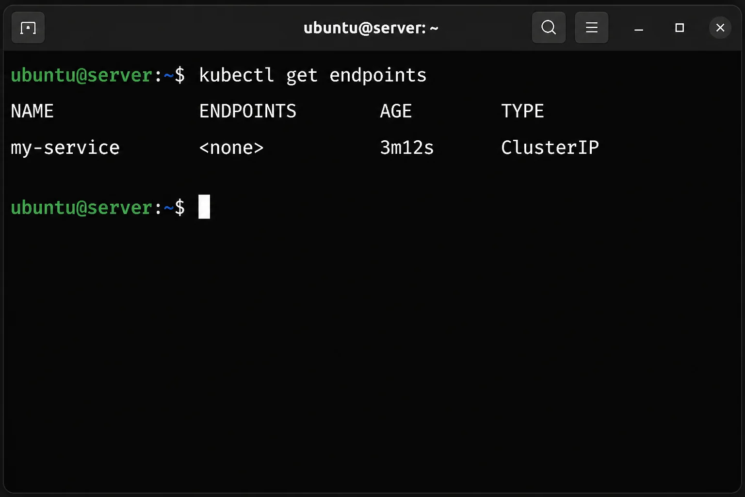 Terminal output of kubectl get endpoints showing a Service with no backend IPs listed