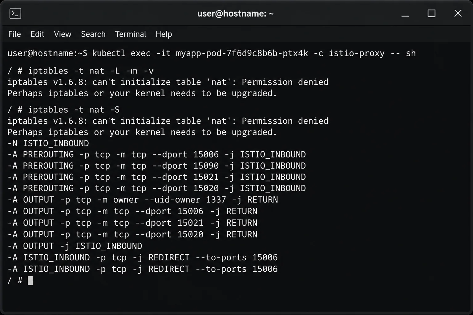 Terminal output of kubectl exec into an istio-proxy sidecar container showing iptables-save nat table with ISTIO_INBOUND redirect rules