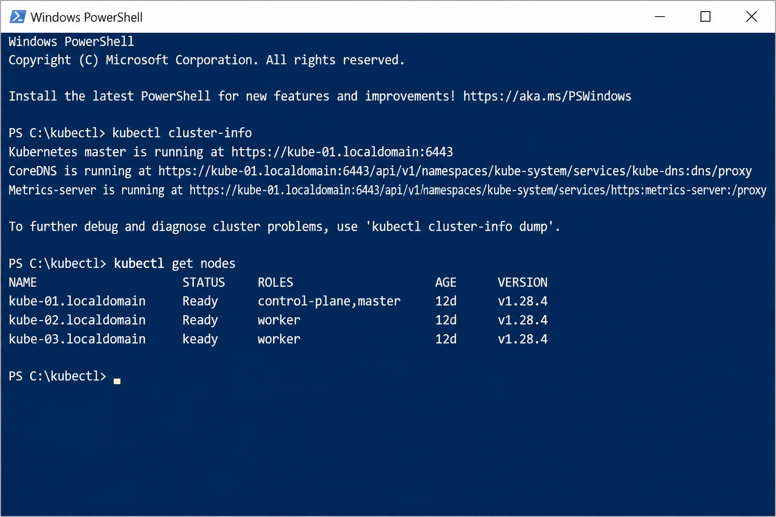 PowerShell window showing kubectl cluster-info and kubectl get nodes output confirming successful cluster access
