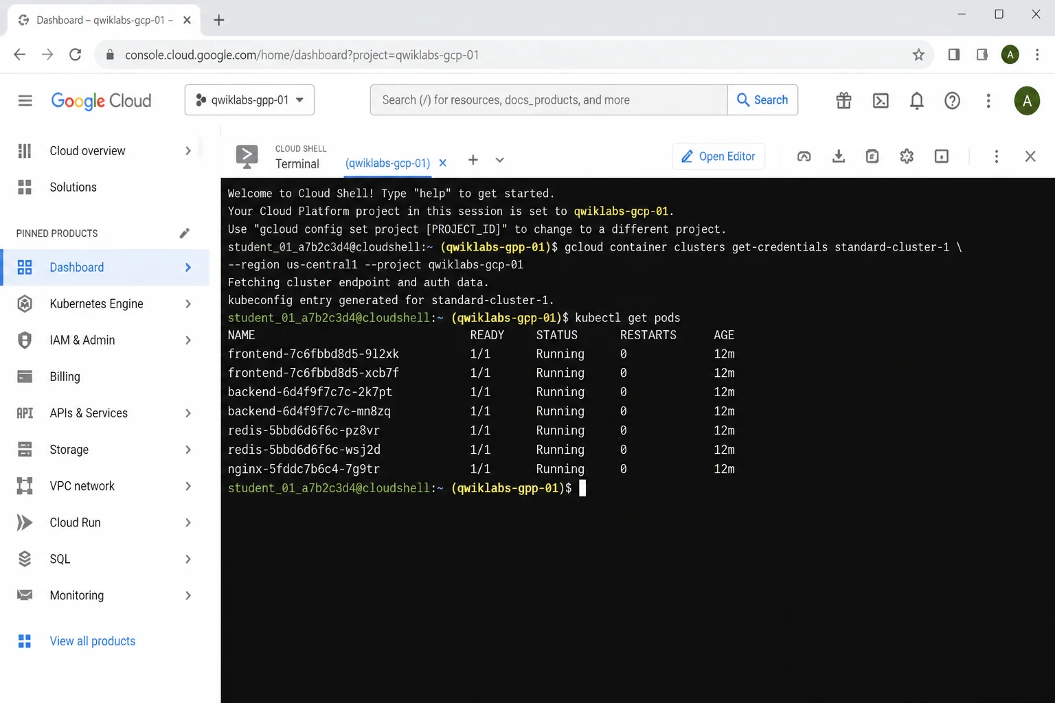Browser-based cloud shell terminal session running kubectl get pods against a cluster, confirming successful authenticated access