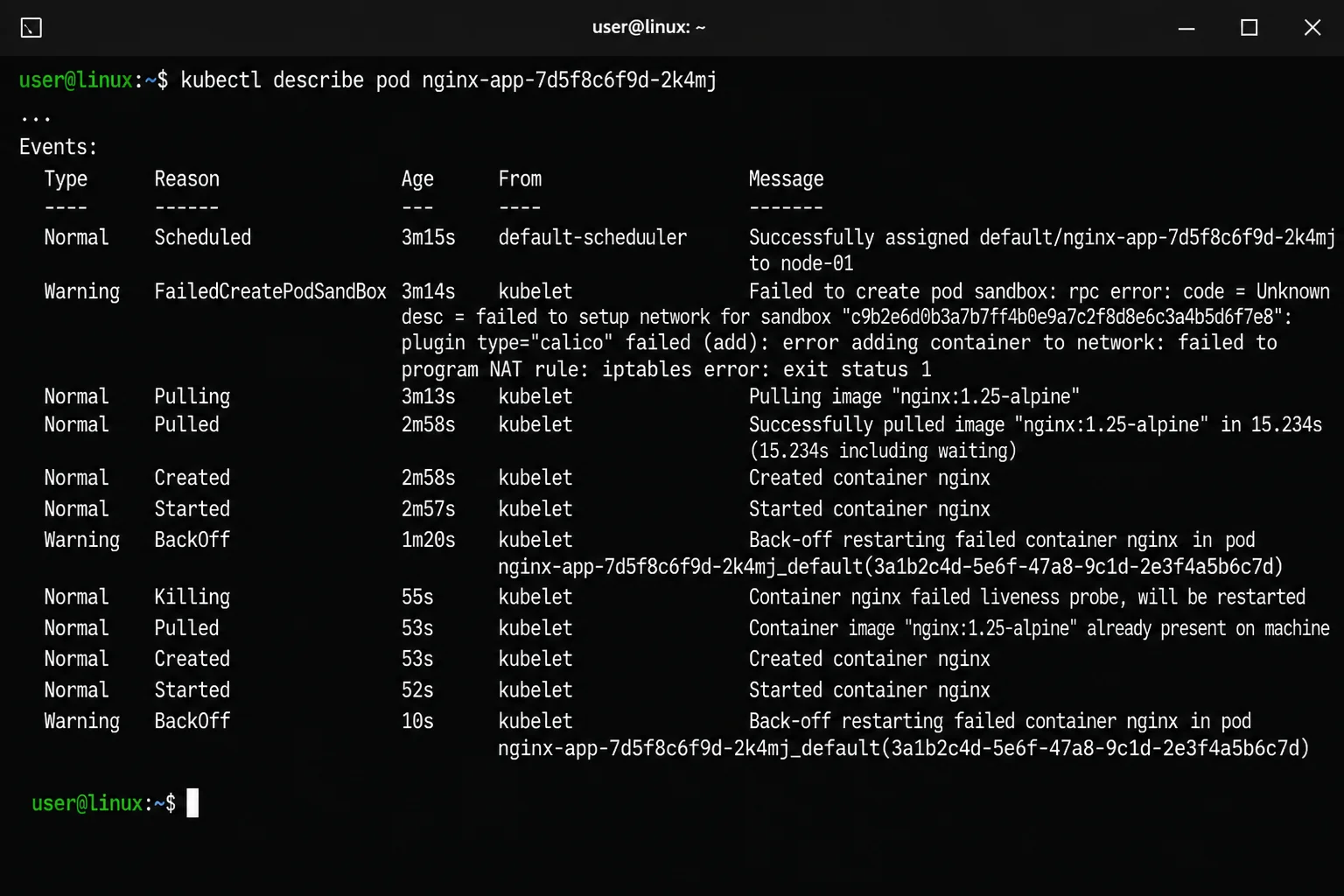 Terminal output of kubectl describe pod showing the Events section with a CNI-related FailedCreatePodSandBox warning