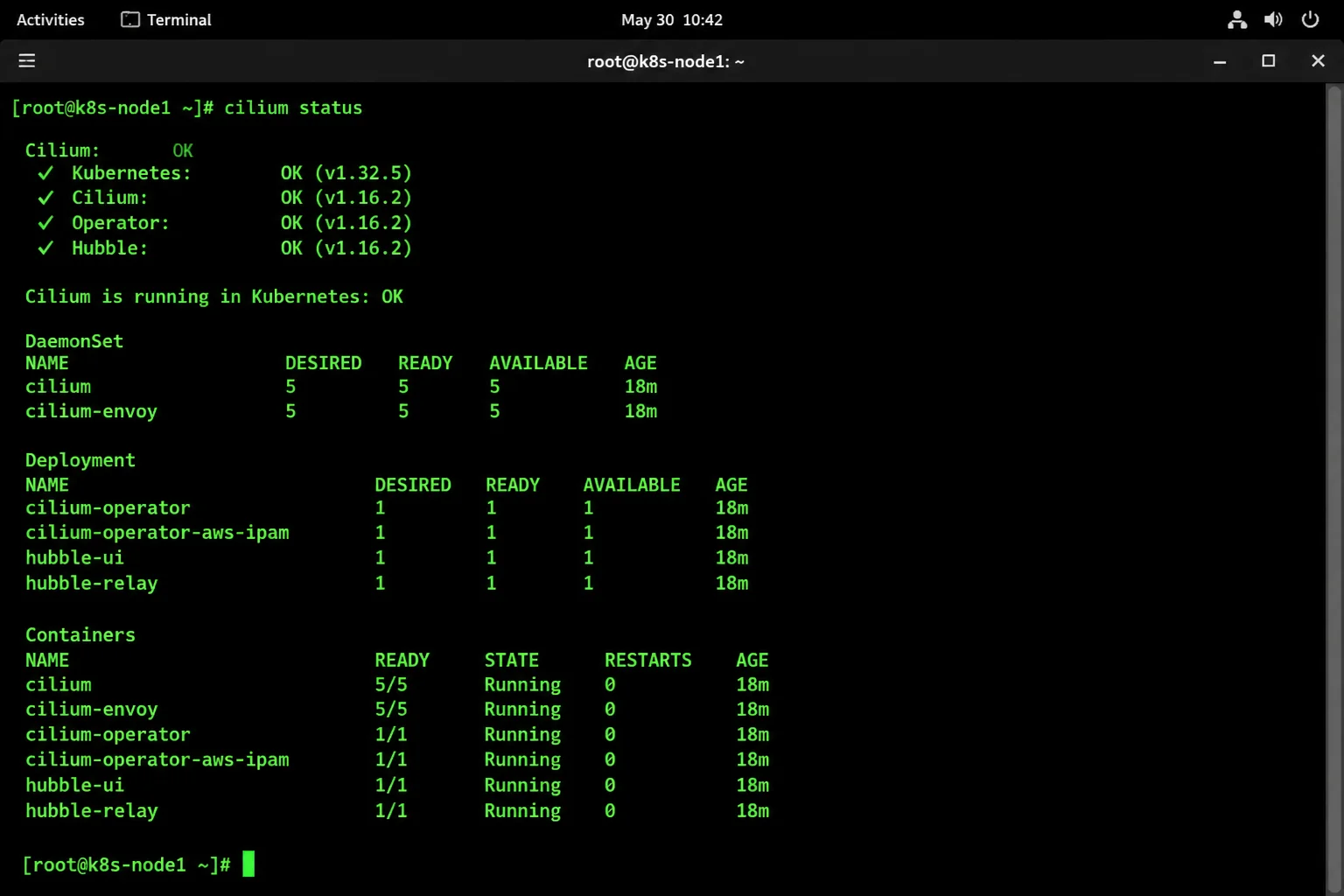 Terminal output of cilium status showing DaemonSet readiness and cluster pod management summary