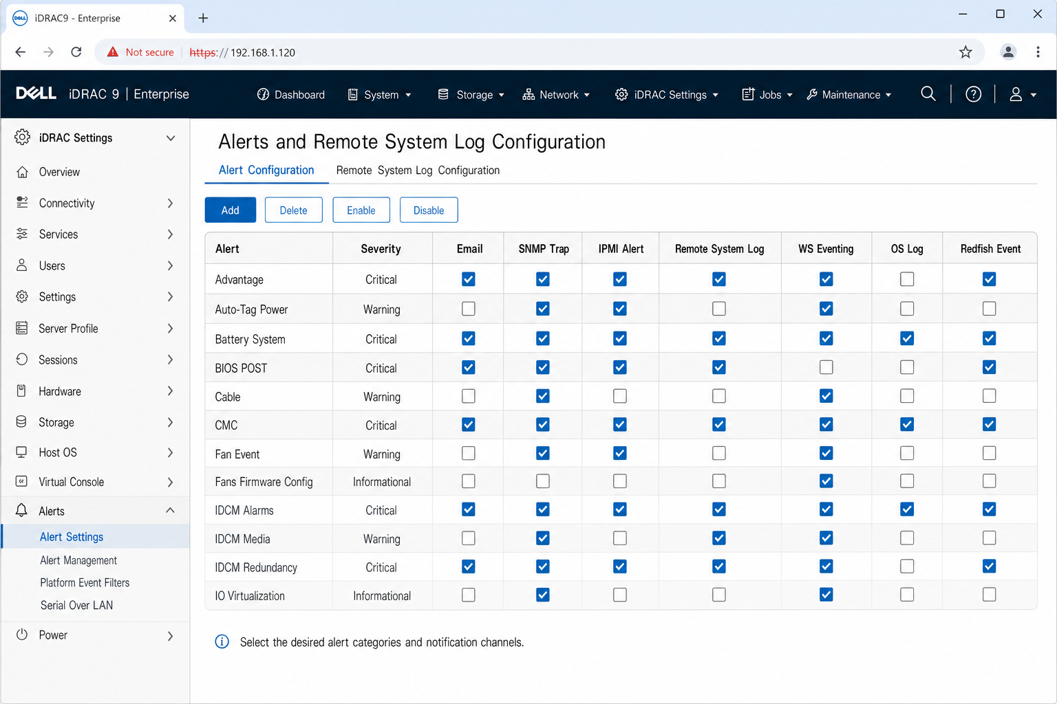 iDRAC Alert Settings page showing event category matrix with System Health, Storage, Audit, Configuration, and Updates rows, and severity-level enable checkboxes for email, SNMP, and syslog destinations